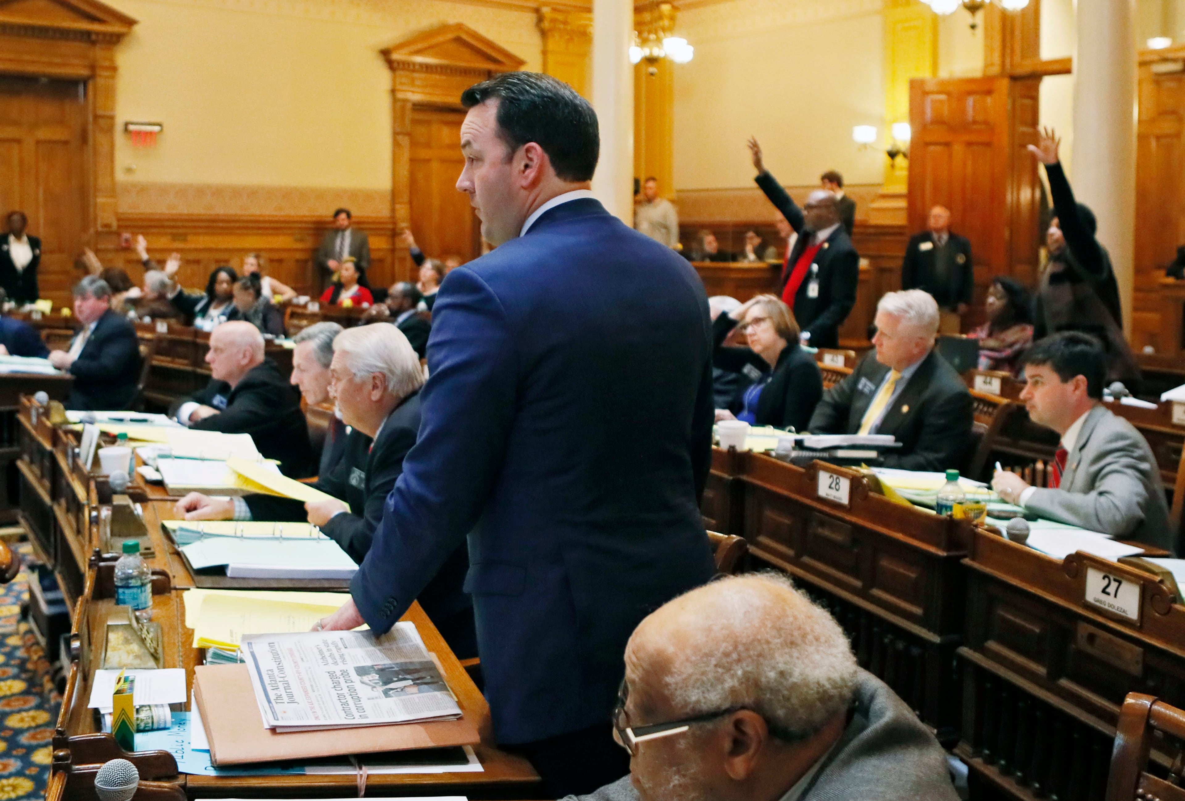 March 7, 2019 - Atlanta - State Sen. Burt Jones, sponsor of the bill to give the state control of Hartsfield-Jackson airport, watches as the senate votes on one of multiple amendments to the bill. The Georgia Senate voted Thursday to approve a measure that would give the state control of Hartsfield-Jackson airport. The legislature was in session for "crossover" day, the 28th day of the 2019 General Assembly. Bob Andres / bandres@ajc.com