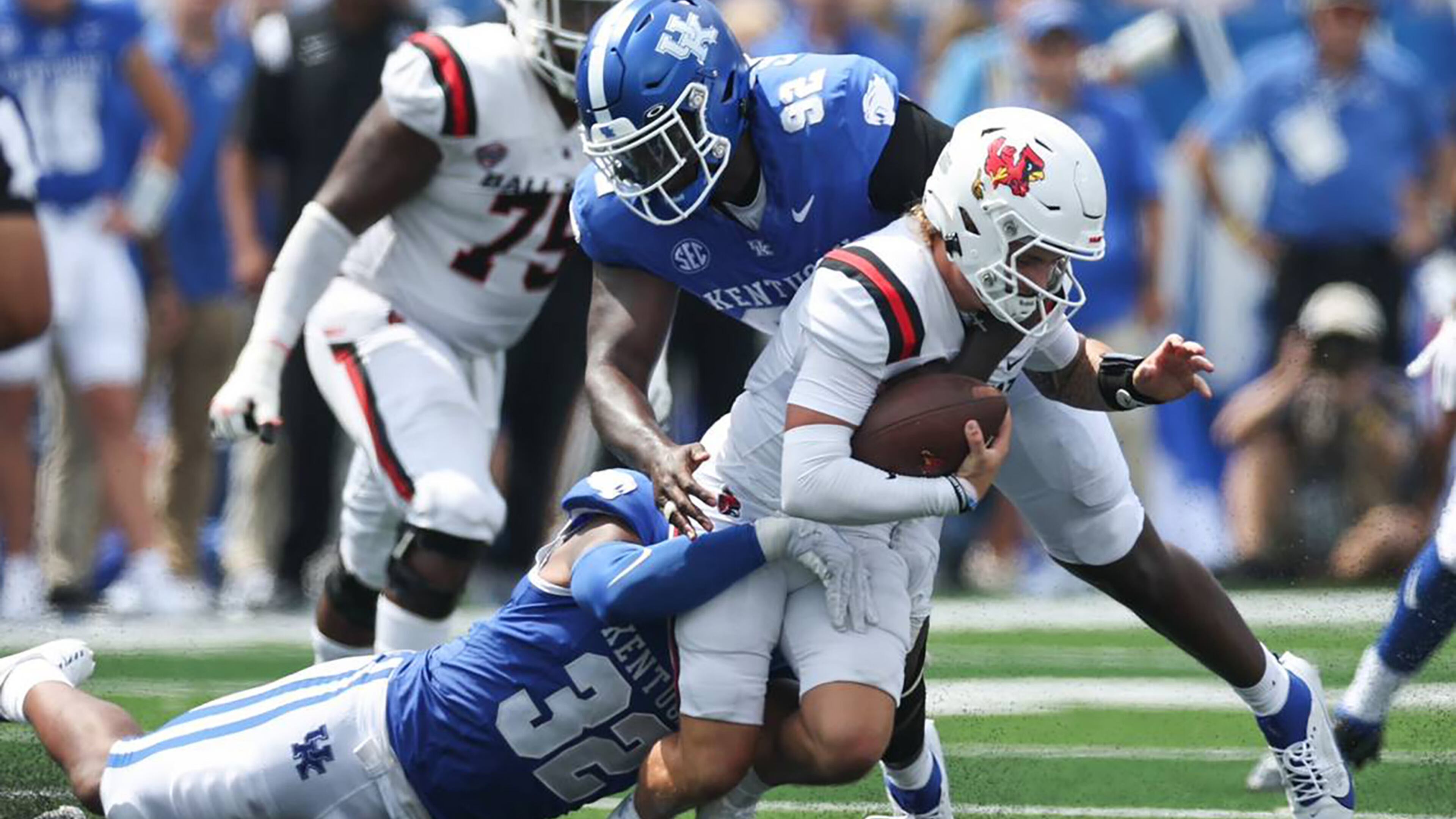 Kentucky's Trevin Wallace (32) and Kahlil Saunders (92) combine for a sack of Ball State quarterback Kadin Semonza at Kroger Field on Saturday, Sept. 2, 2023, in Lexington, Kentucky. (Silas Walker/Lexington Herald-Leader/TNS)