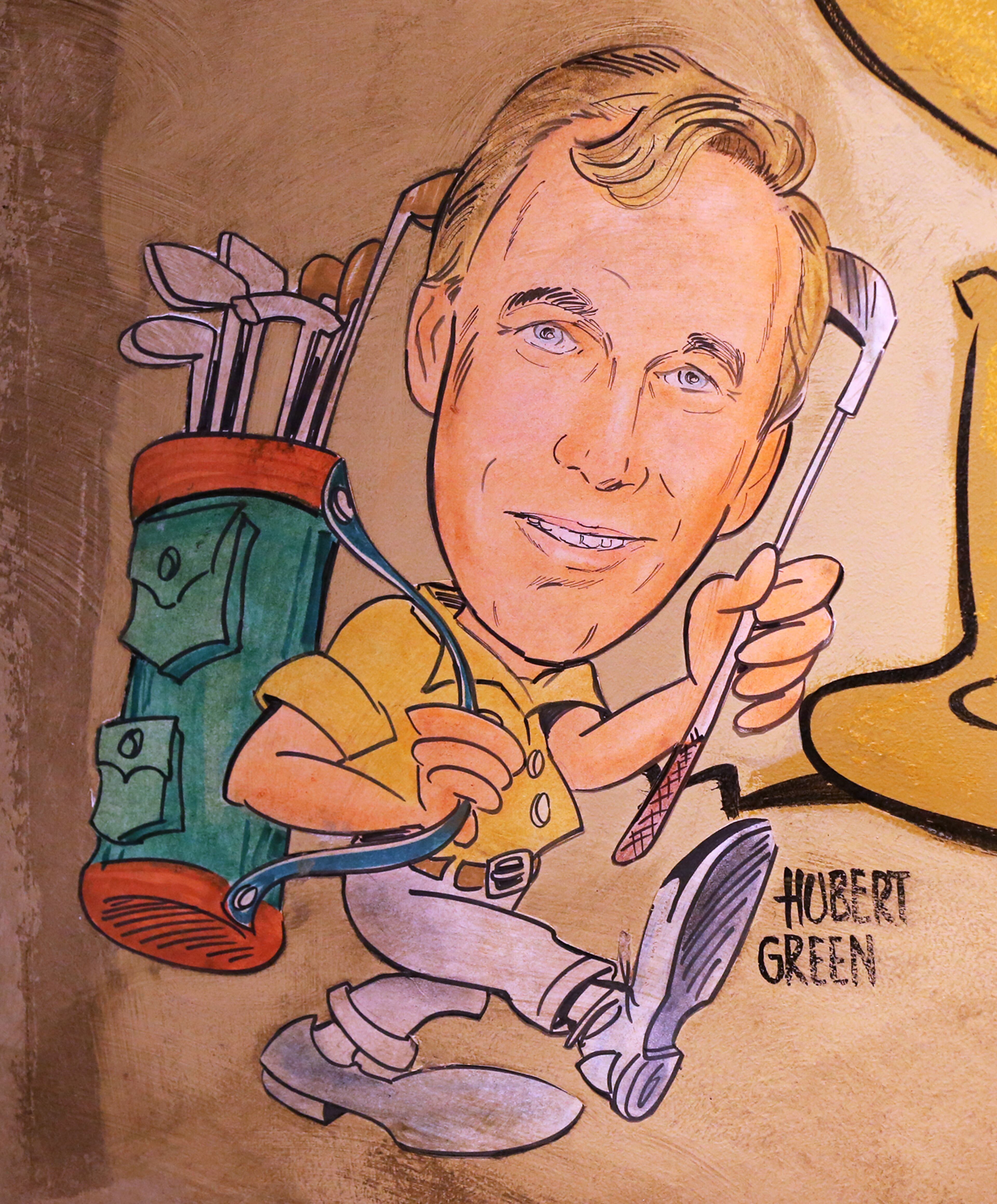 PGA golfer Hubert Green by artist Zack Bird on the wall at the Palm restaurant in the Westin Hotel on Peachtree Street in Atlanta. Curtis Compton / ccompton@ajc.com