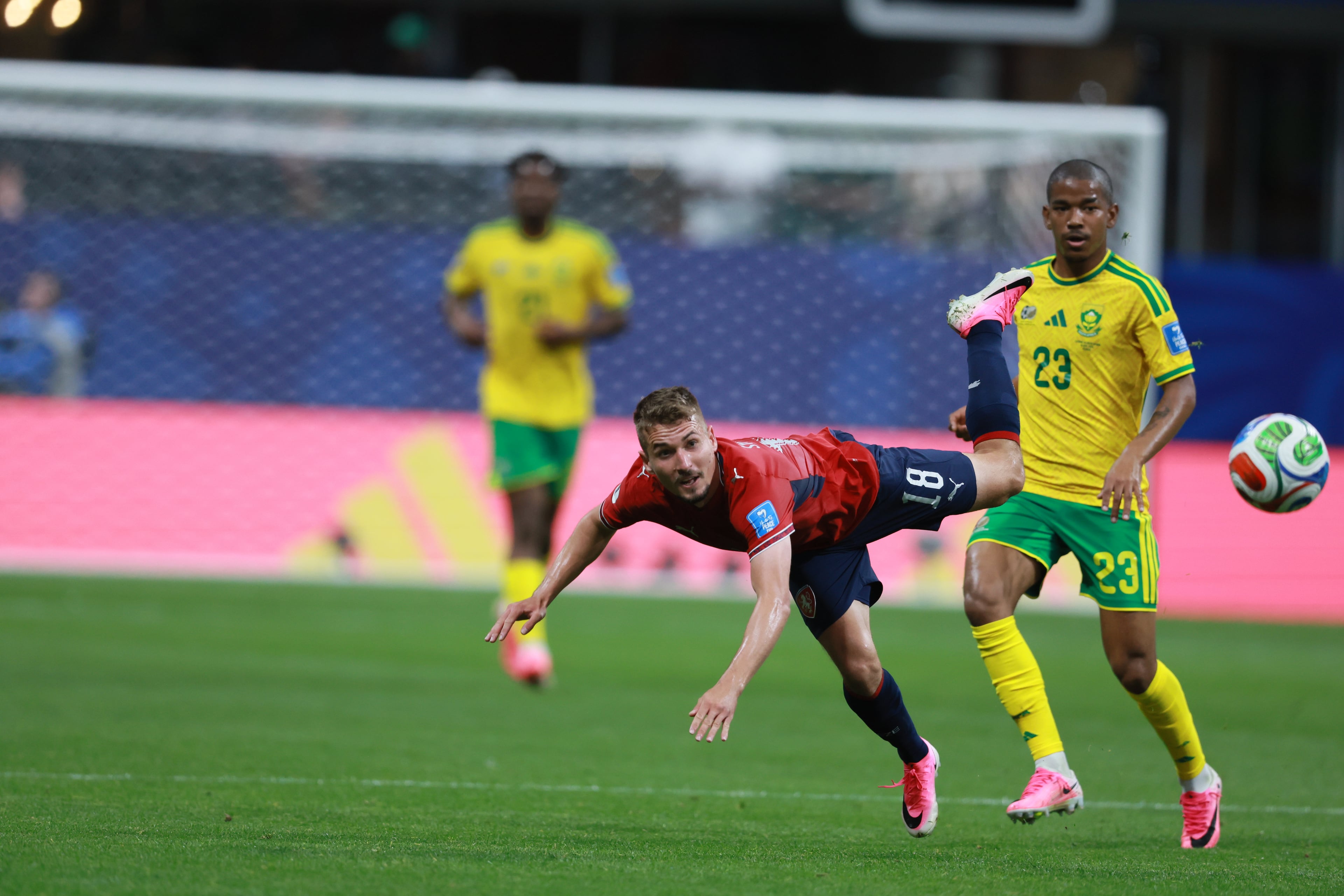 Czechia's Michal Sadilek (center) competes with South Africa's Jayden Adams during the first half of the Czechia vs. South Africa game at the FIFA World Cup at Atlanta Stadium on Thursday, June 18, 2026. (Jason Getz/AJC)