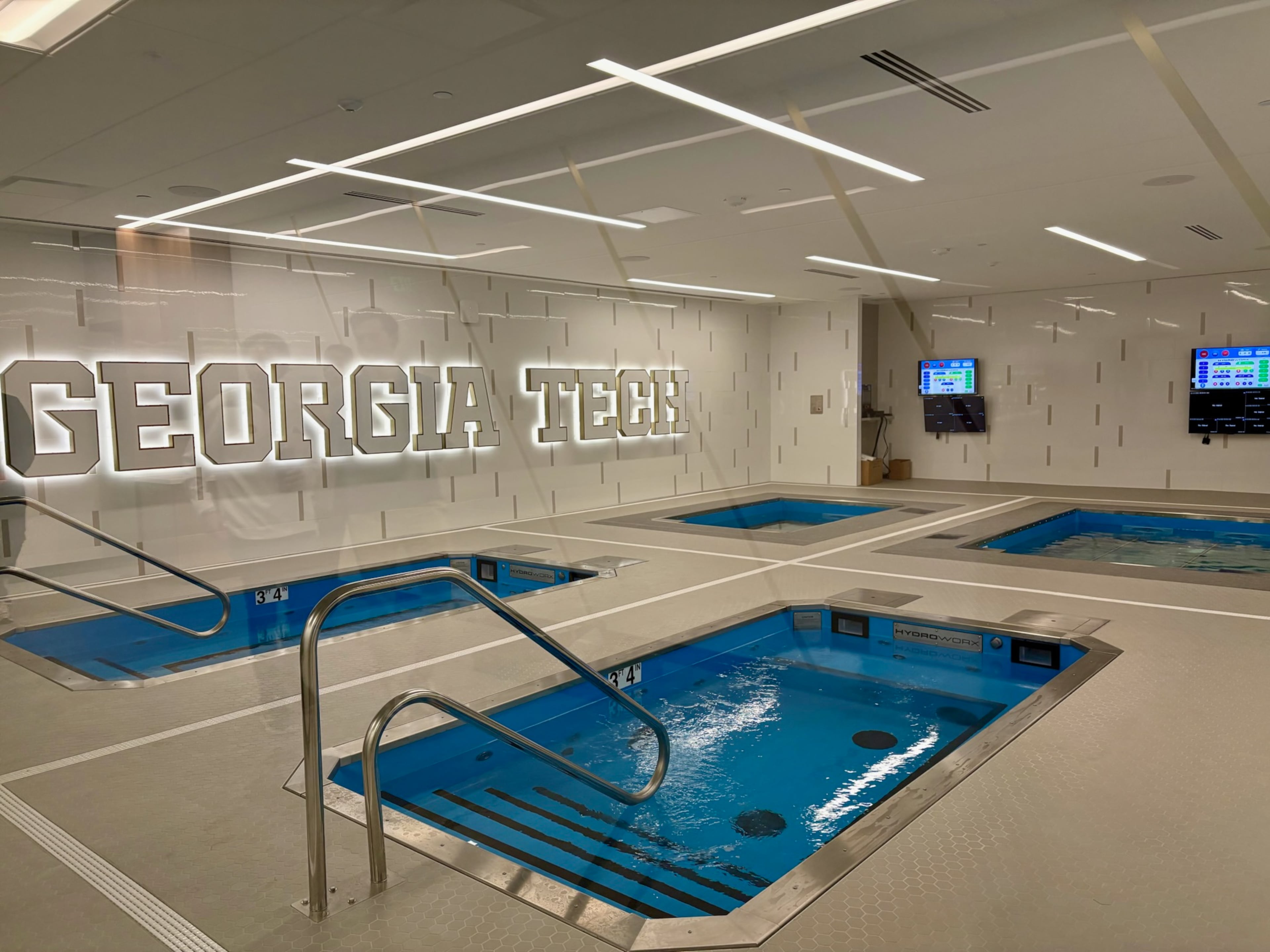 Georgia Tech's new Thomas A. Fanning Student-Athlete Performance Center includes four hydrotherapy tubs. Two of them are equipped with treadmills to enable injured athletes to run in an anti-gravity setting. (Ken Sugiura/AJC)