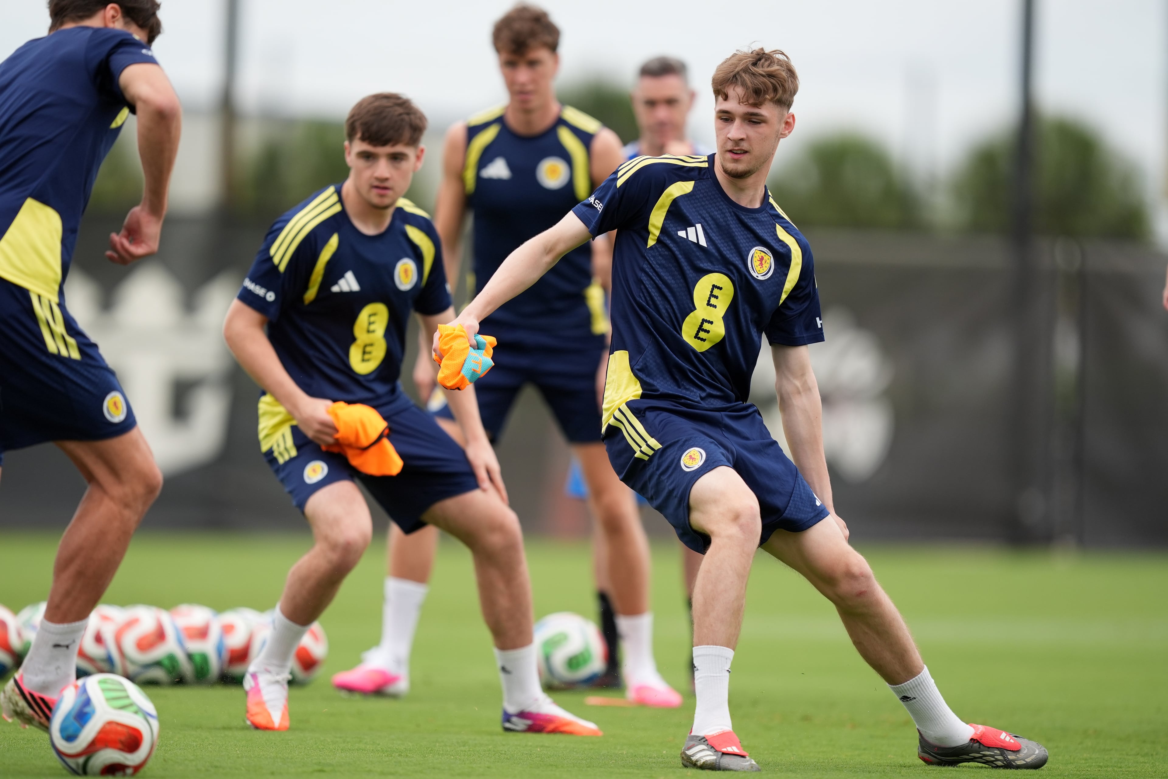 Scotland midfielder Tyler Fletcher (right) works out with teammates during a training session for the national soccer team in Fort Lauderdale, Fla., Friday, June 5, 2026, ahead of the World Cup soccer tournament. (Rebecca Blackwell/AP)