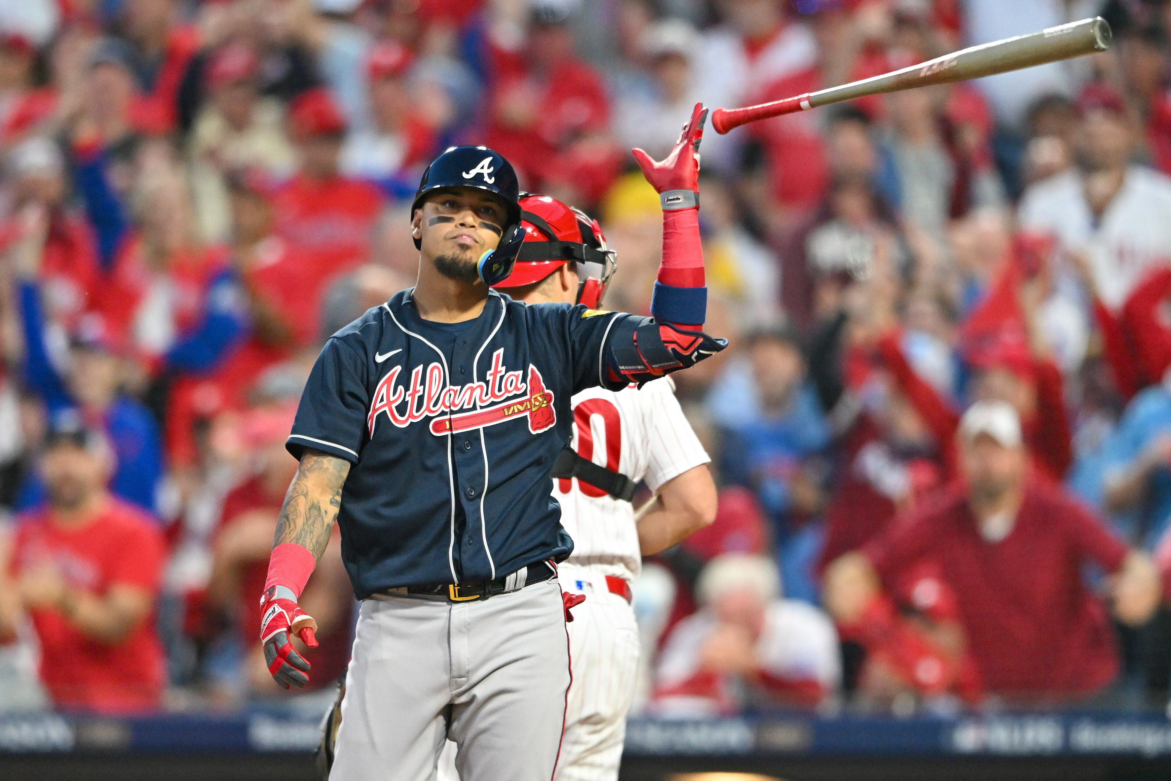 Atlanta Braves’ Orlando Arcia (11) strikes out swinging against the Philadelphia Phillies to end the fourth inning of NLDS Game 3 in Philadelphia on Wednesday, Oct. 11, 2023. (Hyosub Shin / Hyosub.Shin@ajc.com)