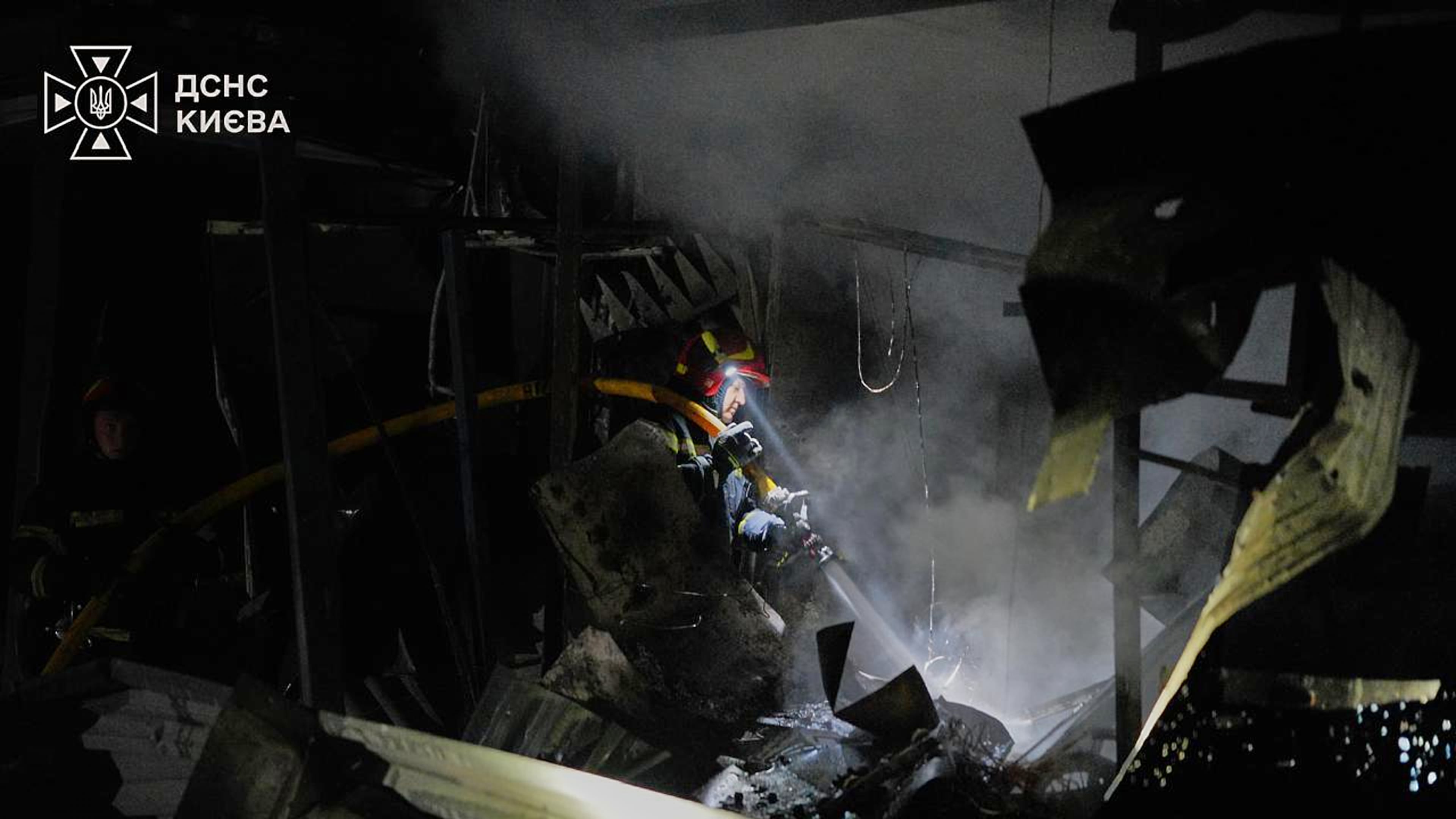 In this photo provided by the Ukrainian Emergency Service, firefighters put out a fire following a Russian missile attack in Kyiv, Ukraine, Tuesday, Sept. 1, 2026. (Ukrainian Emergency Service via AP)