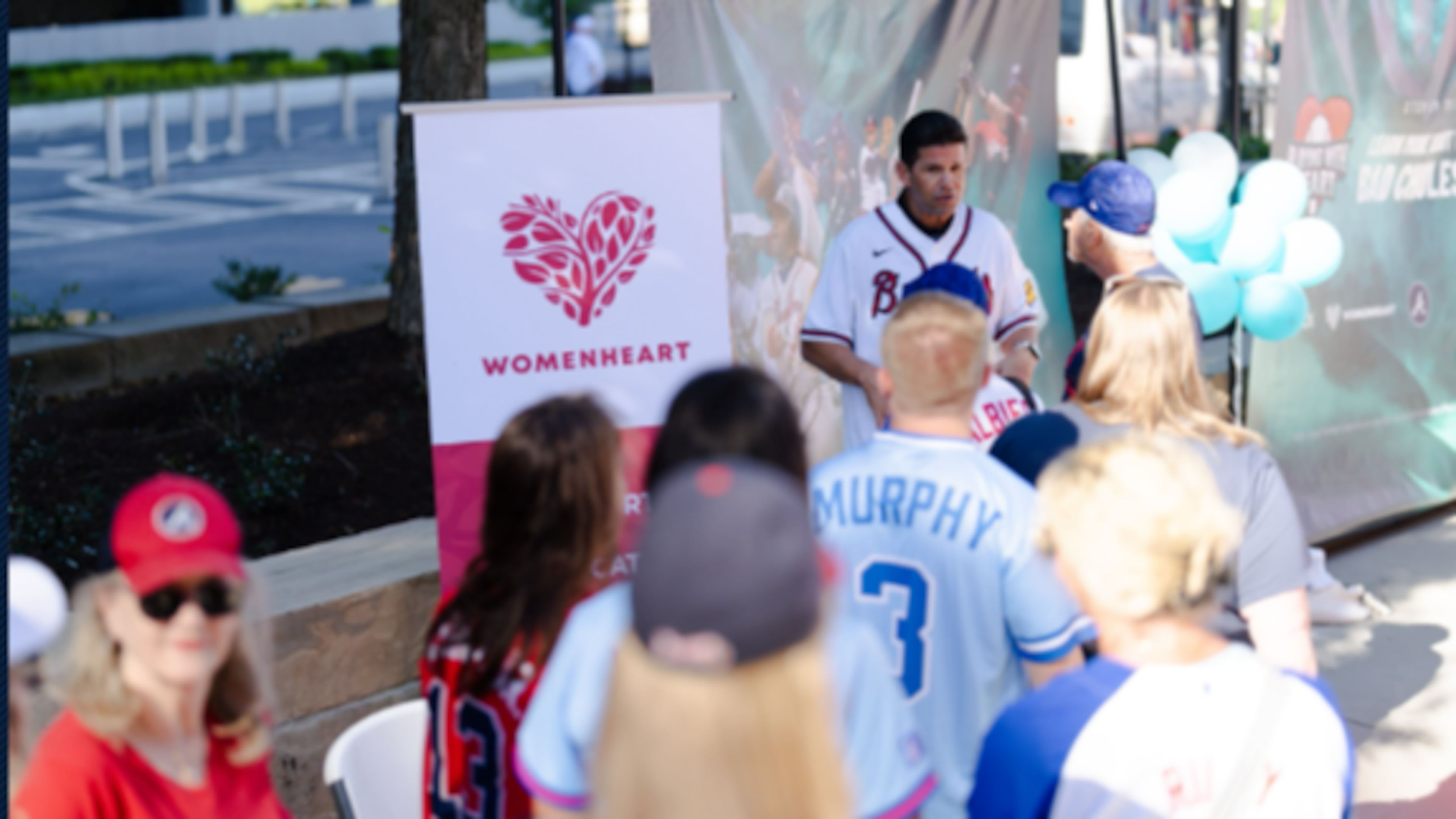 Former Atlanta Braves catcher Javy Lopez speaks with fans about heart disease risks as part of the “Playing with Heart” initiative. (Courtesy of the Atlanta Braves)