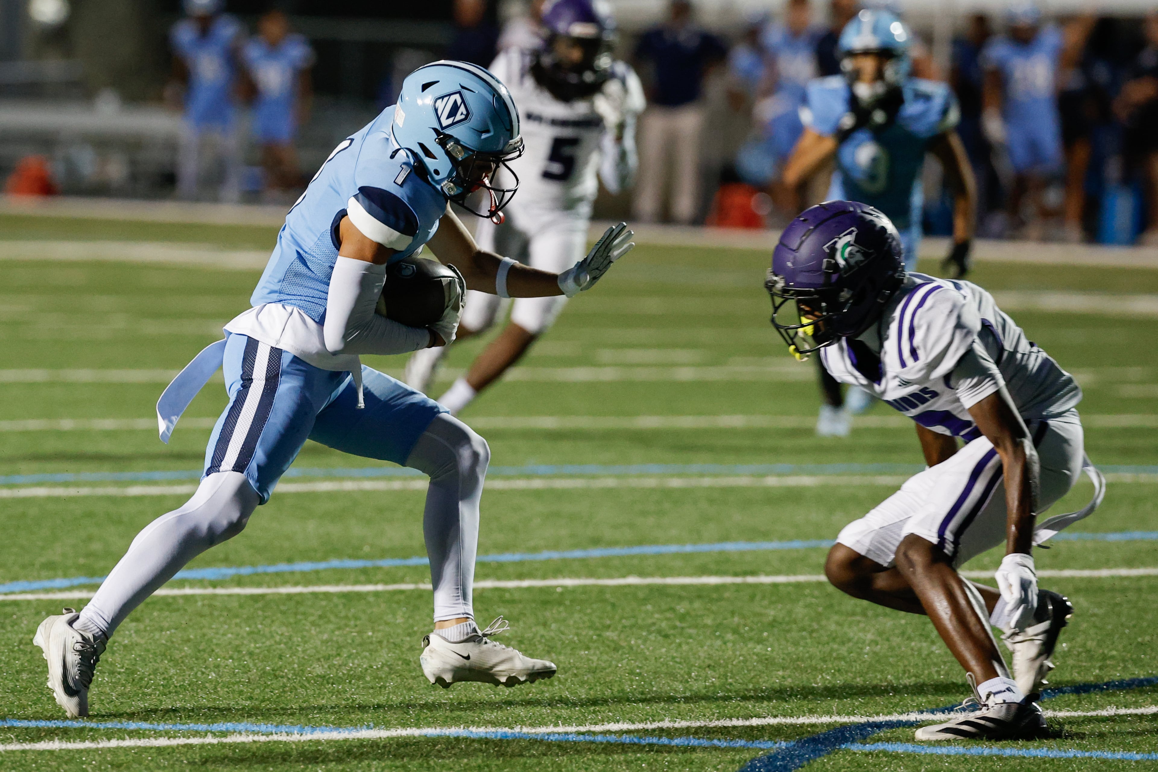 North Cobb Christian’s Oakleen Padgett (left) works to score a touchdown against KIPP Atlanta’s Travion Callaway on Friday, Oct. 2, 2026, in Kennesaw. (Erik S. Lesser for the AJC)