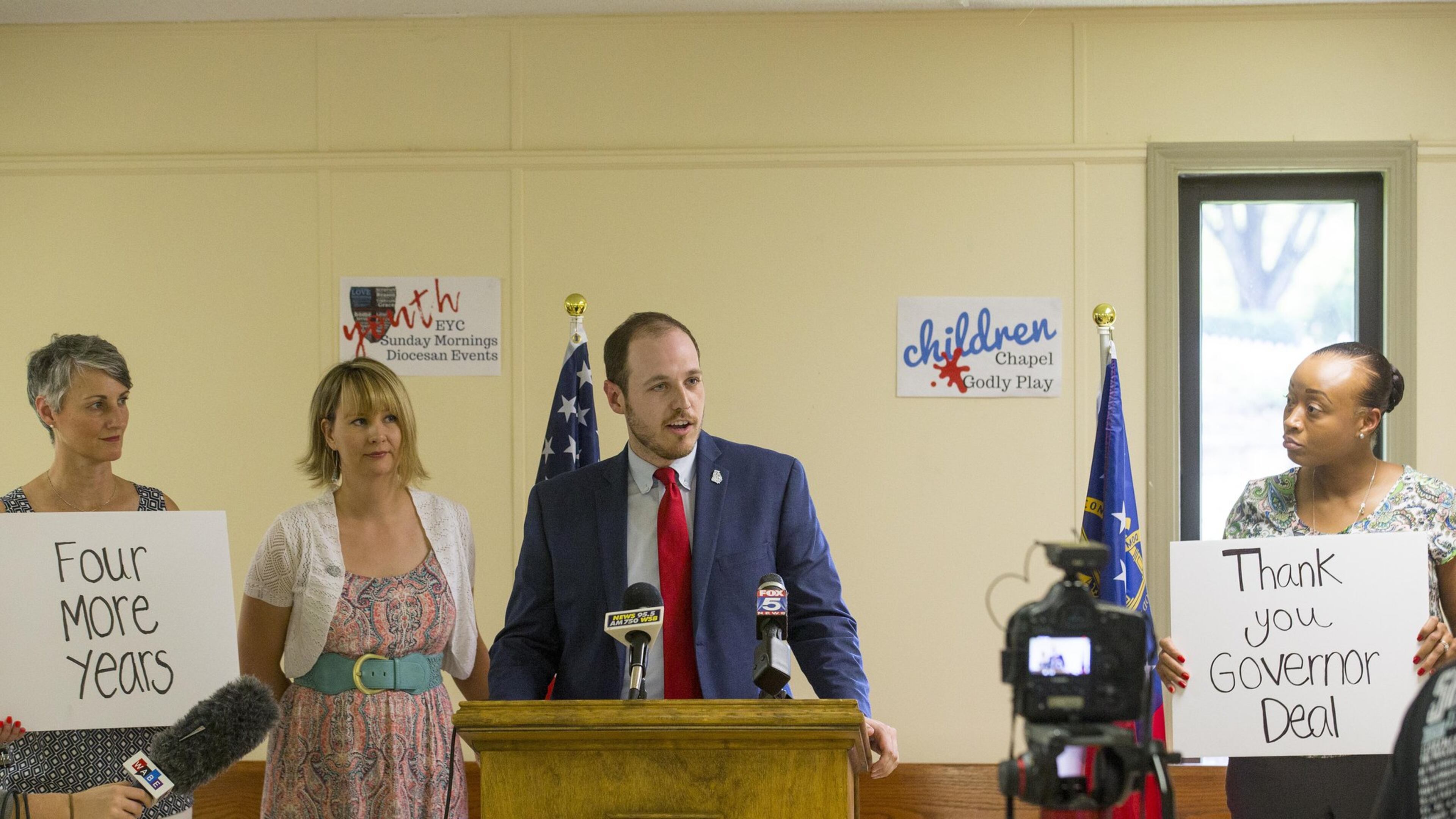Gwinnett Intervention Education (G.I.V.E) Center West teacher Alex Robson speaks during a press conference for the Hungry for Education movement at Christ Church Episcopal Parish Hall in Norcoss, Monday, August 13, 2018. Hungry for Education, a group of local teachers, parents, and students whose goal is improving student outcomes through full funding of Georgia public schools, ended its two-week hunger strike early after it acheived its goal. (ALYSSA POINTER/ALYSSA.POINTER@AJC.COM)