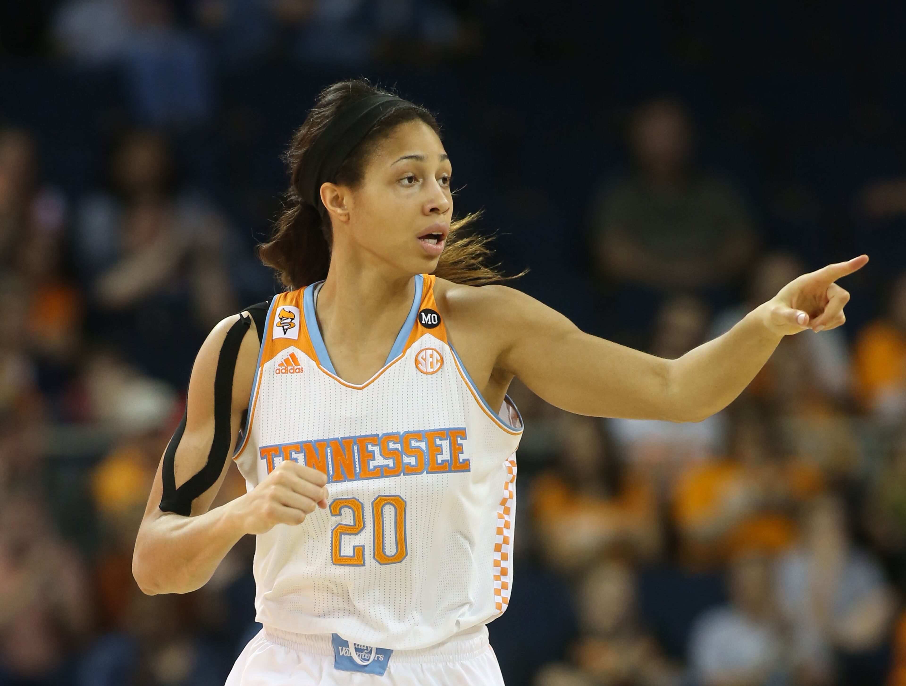 Tennessee center Isabelle Harrison (20) after making a basket in the second half of the finals of the Women's Southeastern Conference NCAA college basketball game, Sunday, March 9, 2014, in Duluth, Ga. Tennessee defeated Kentucky 71-70. (AP Photo/Jason Getz)