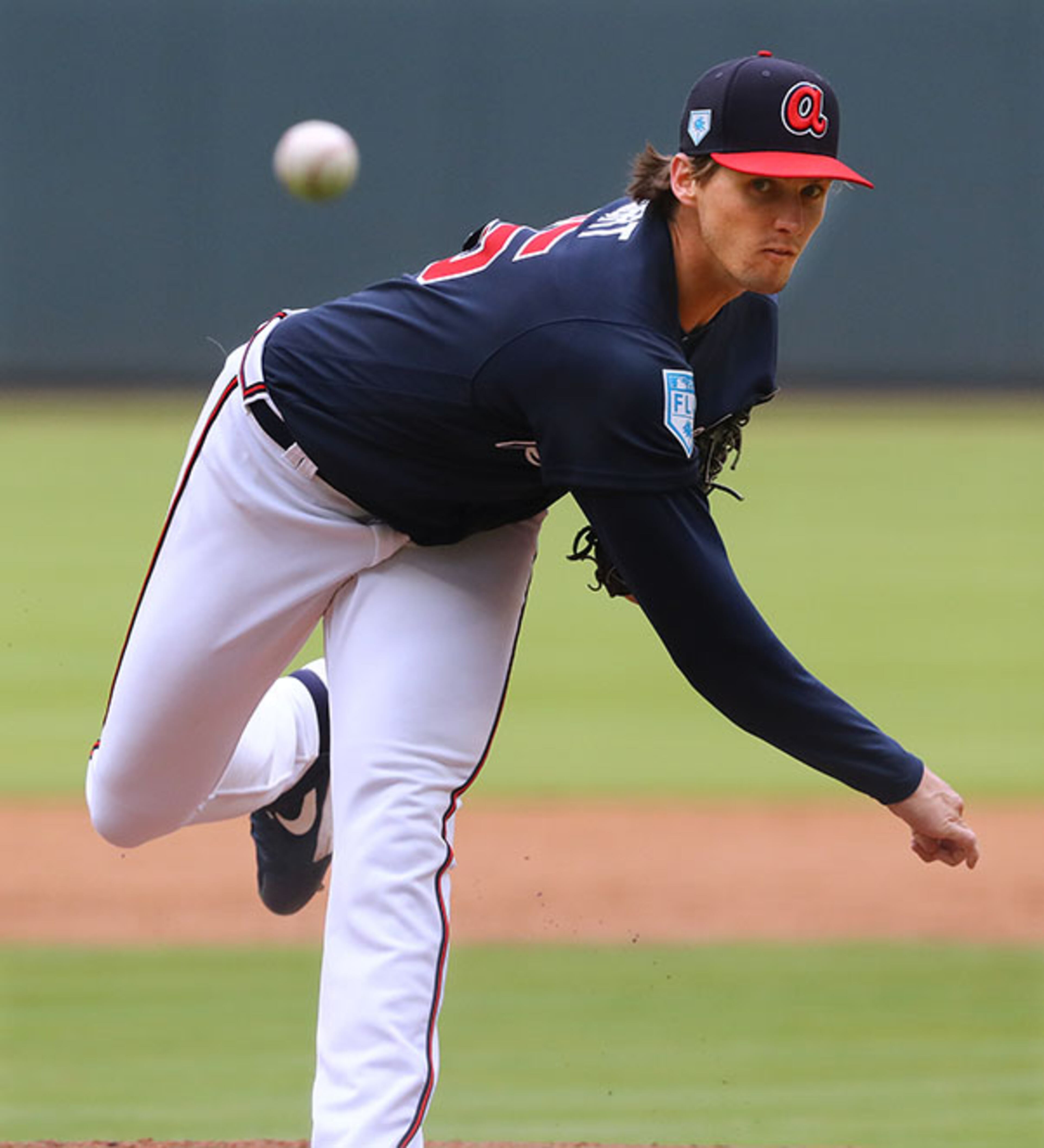 Braves' Kyle Wright delivers a pitch against the Cincinnati Reds during the sixth inning Tuesday, March 26, 2019, at SunTrust Park in Atlanta.