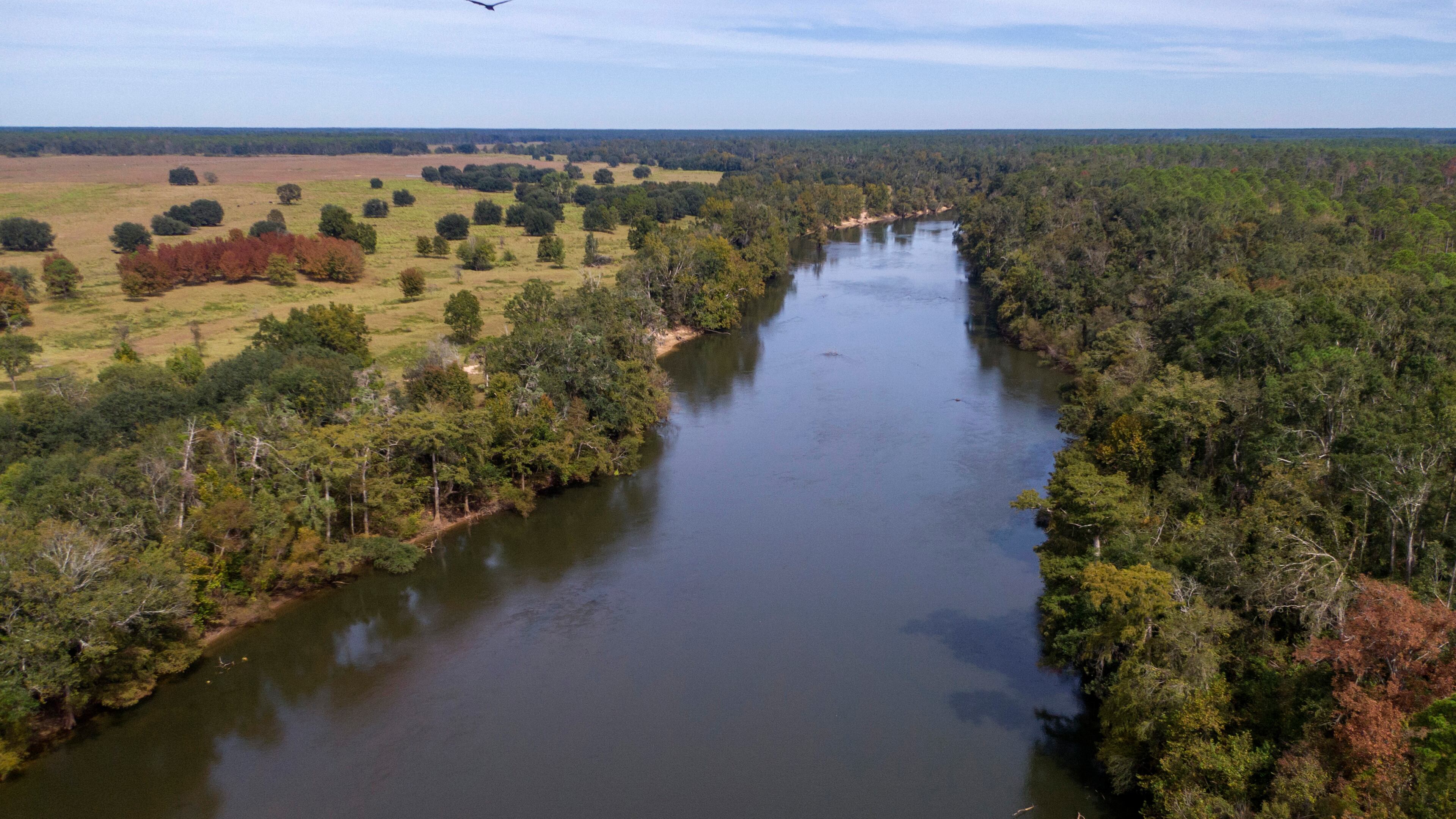 Aerial photograph shows the Flint River near the Mitchell County Line Boat Ramp at the Decatur/ Mitchell County line on Thursday, October 17, 2019. It’s been seven years since Florida took its long-running water rights grievances against Georgia to the Supreme Court, and since then the focus of its suit has shifted from metro Atlanta to the farmland of southwest Georgia. (Hyosub Shin / Hyosub.Shin@ajc.com)
