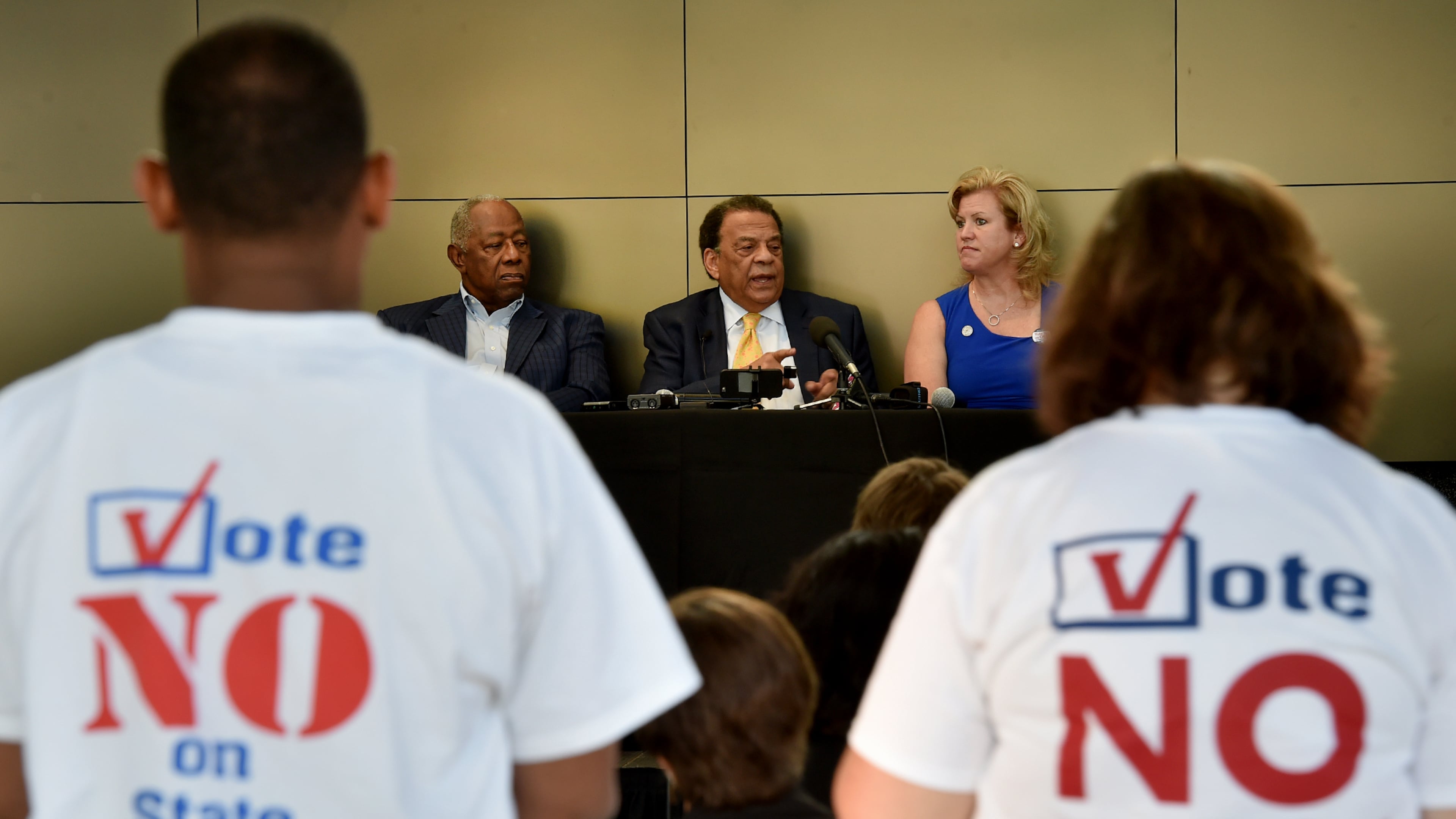 October 18, 2016 Atlanta: Civil Rights icon and former mayor Andrew Young, center, held a press conference with MLB legend Hank Aaron, and Georgia PTA President Lisa-Marie Haywood to encourage voters to vote against Amendment 1. Voters across parties and counties complied. BRANT SANDERLIN/BSANDERLIN@AJC.COM
