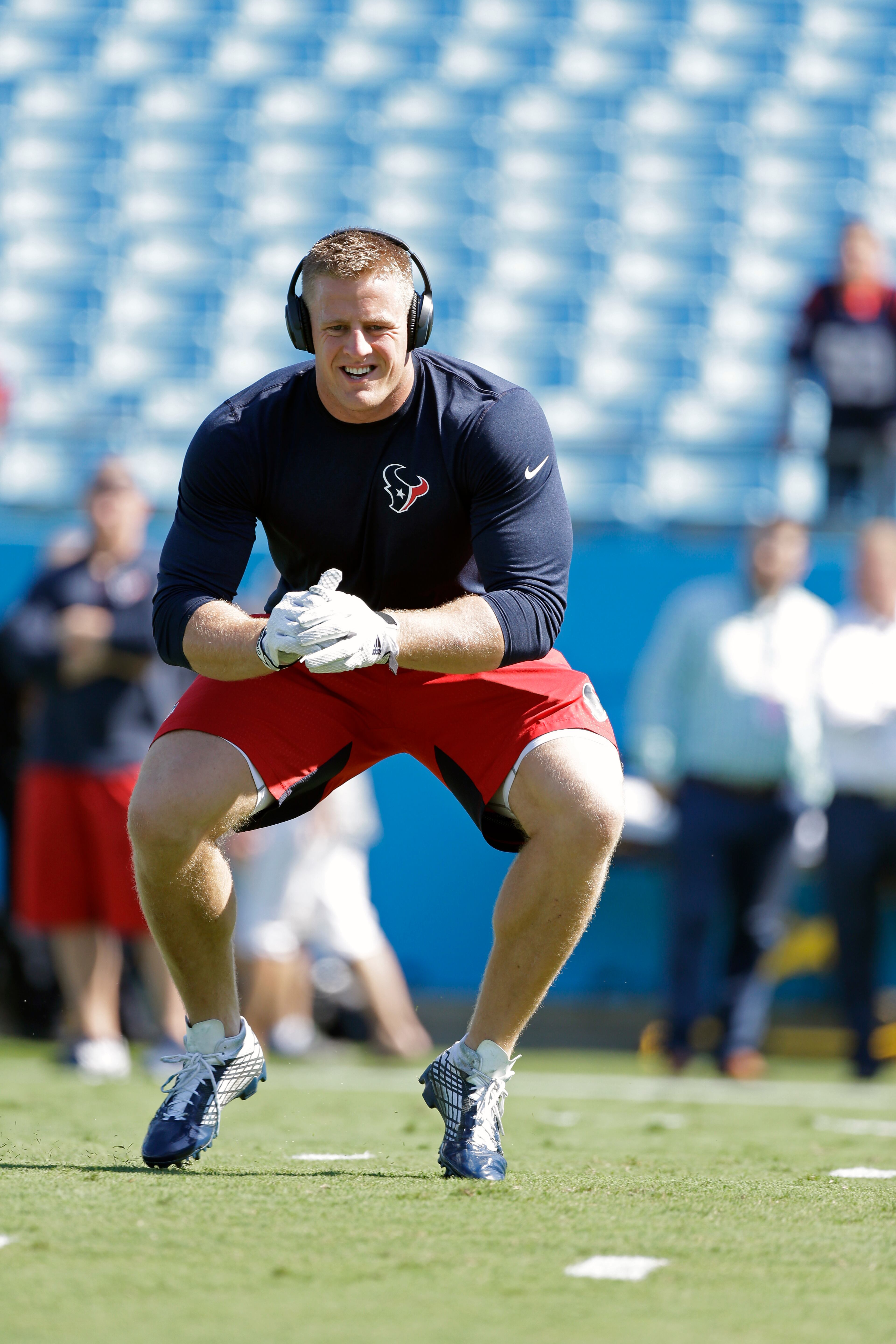 Houston Texans' J.J. Watt works out before a game against the Carolina Panthers. (AP Photo/Bob Leverone)