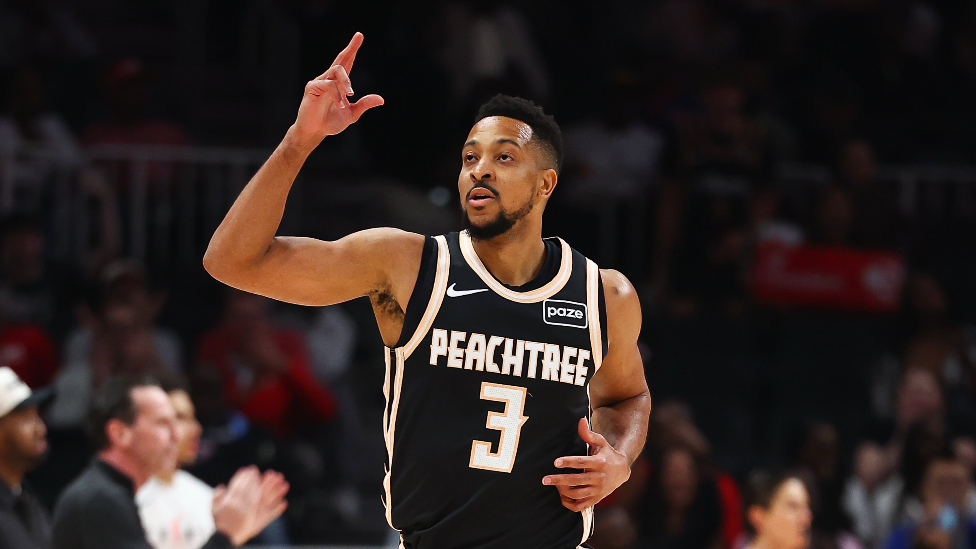 Atlanta Hawks guard CJ McCollum (3) reacts during the first half of an NBA basketball game against the Cleveland Cavaliers, Friday, April 10, 2026, in Atlanta. (AP Photo/Colin Hubbard)
