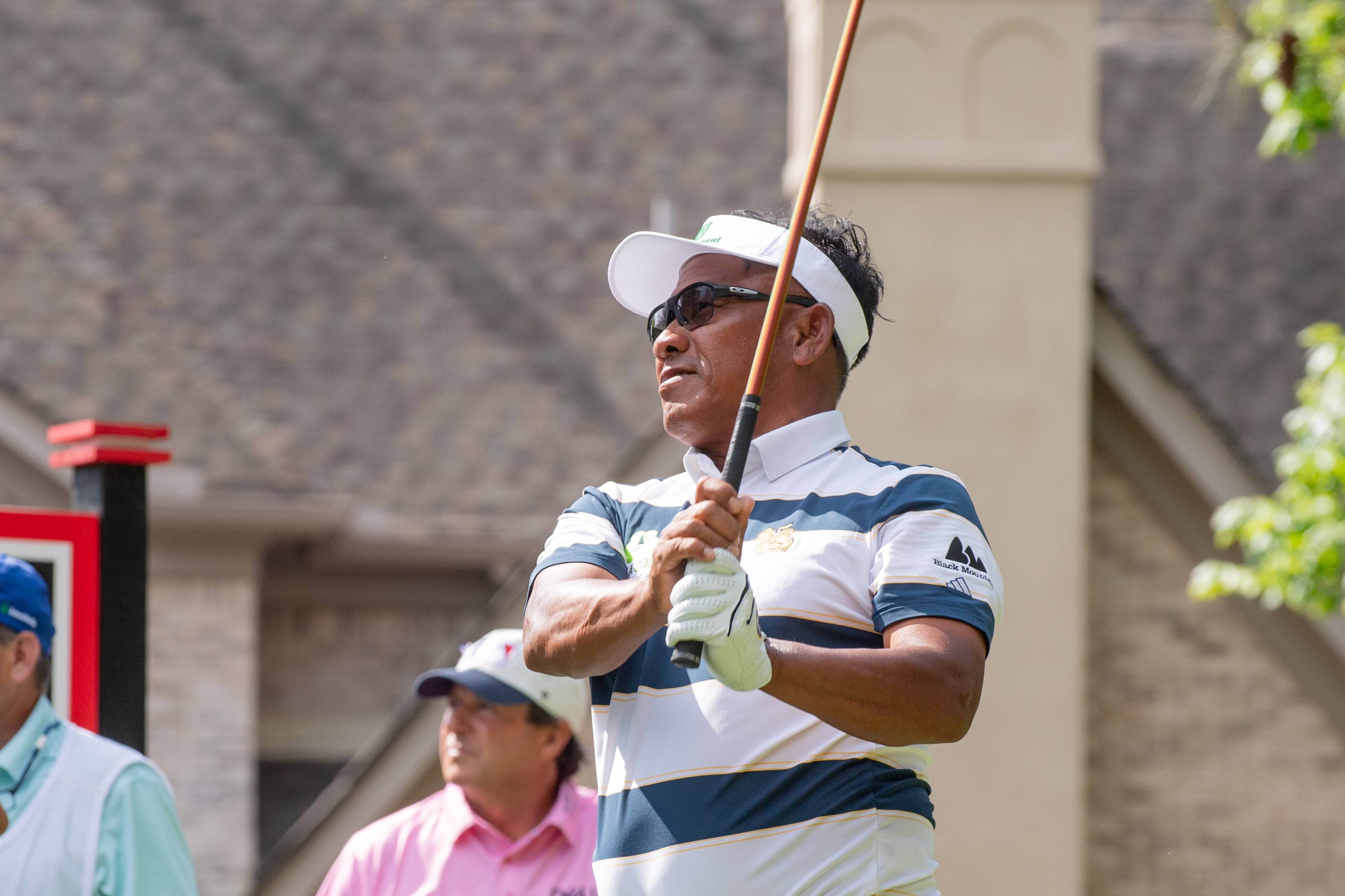 Thongchai Jaidee of Thailand tees off on Friday during the first round of the Mitsubishi Electric Classic at TPC Sugarloaf, April 24, 2026. Jaidee scored 14 points and is tied for second place. (Courtesy/David King)