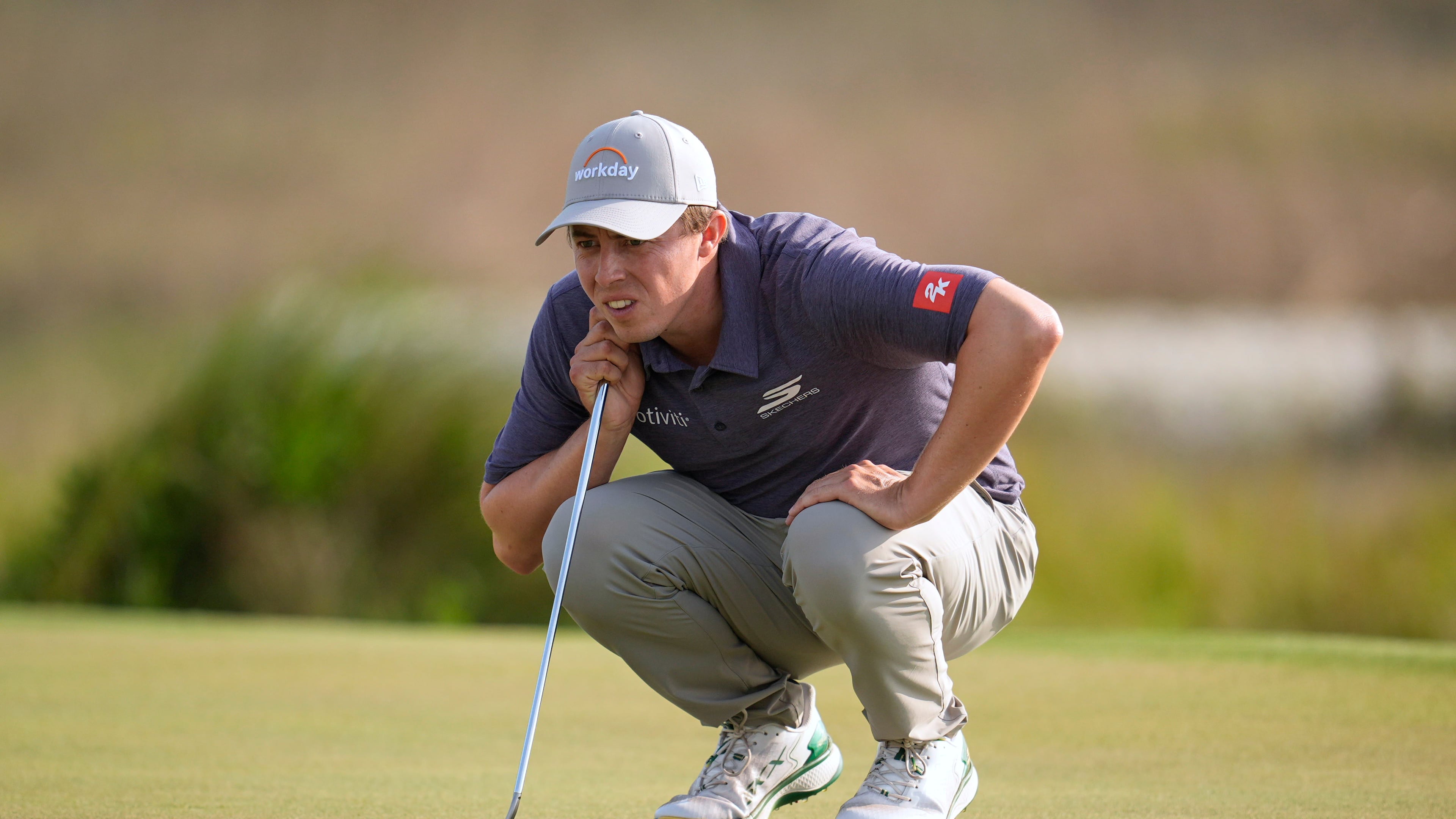 Matt Fitzpatrick, of England, prepares to putt on the 18th hole during the third round of the RBC Heritage golf tournament Saturday, April 18, 2026, in Hilton Head, S.C. (AP Photo/Mike Stewart)