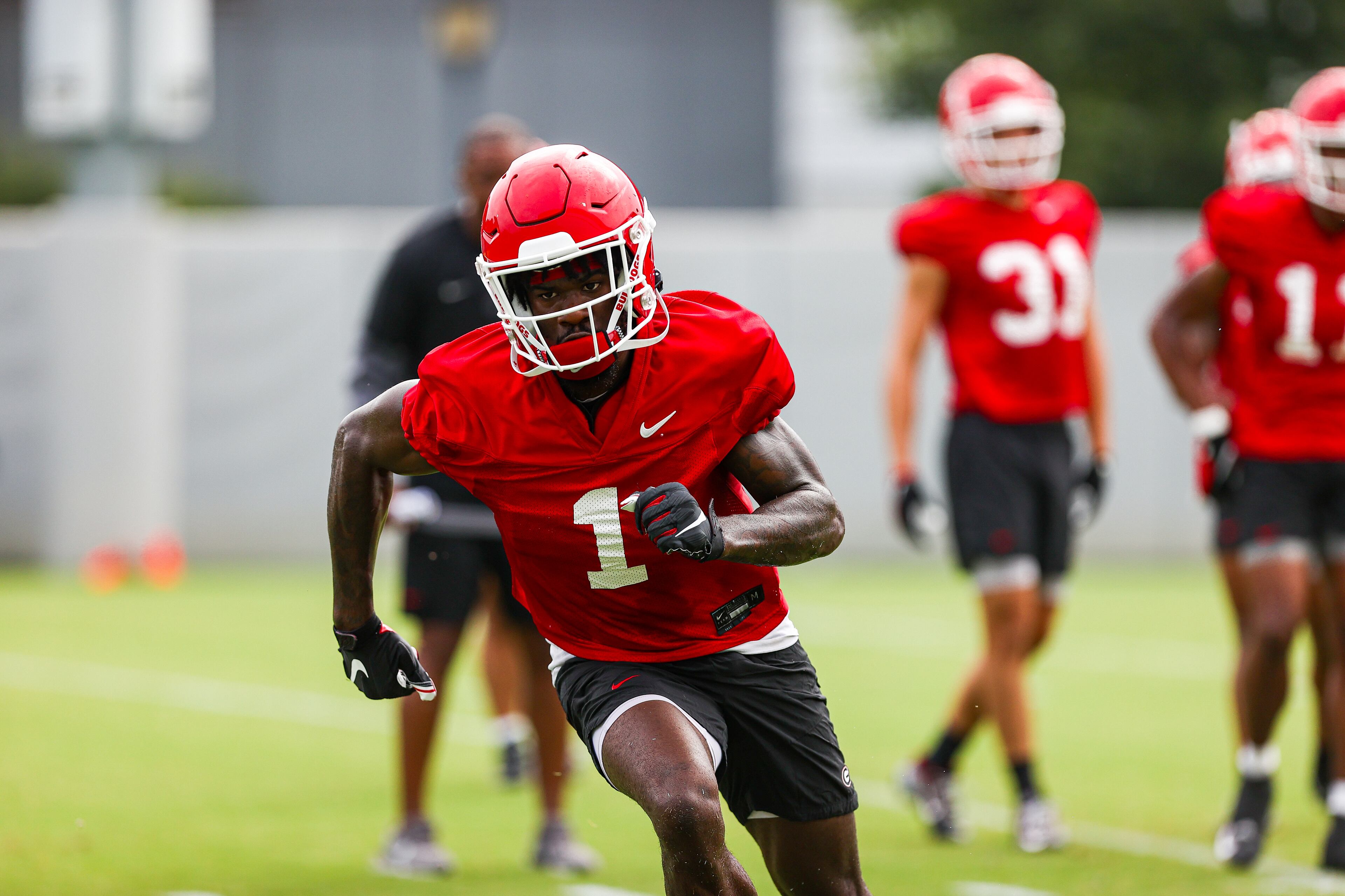 Georgia wide receiver Marcus Rosemy-Jacksaint runs a route Thursday. (Tony Walsh/UGAAA)