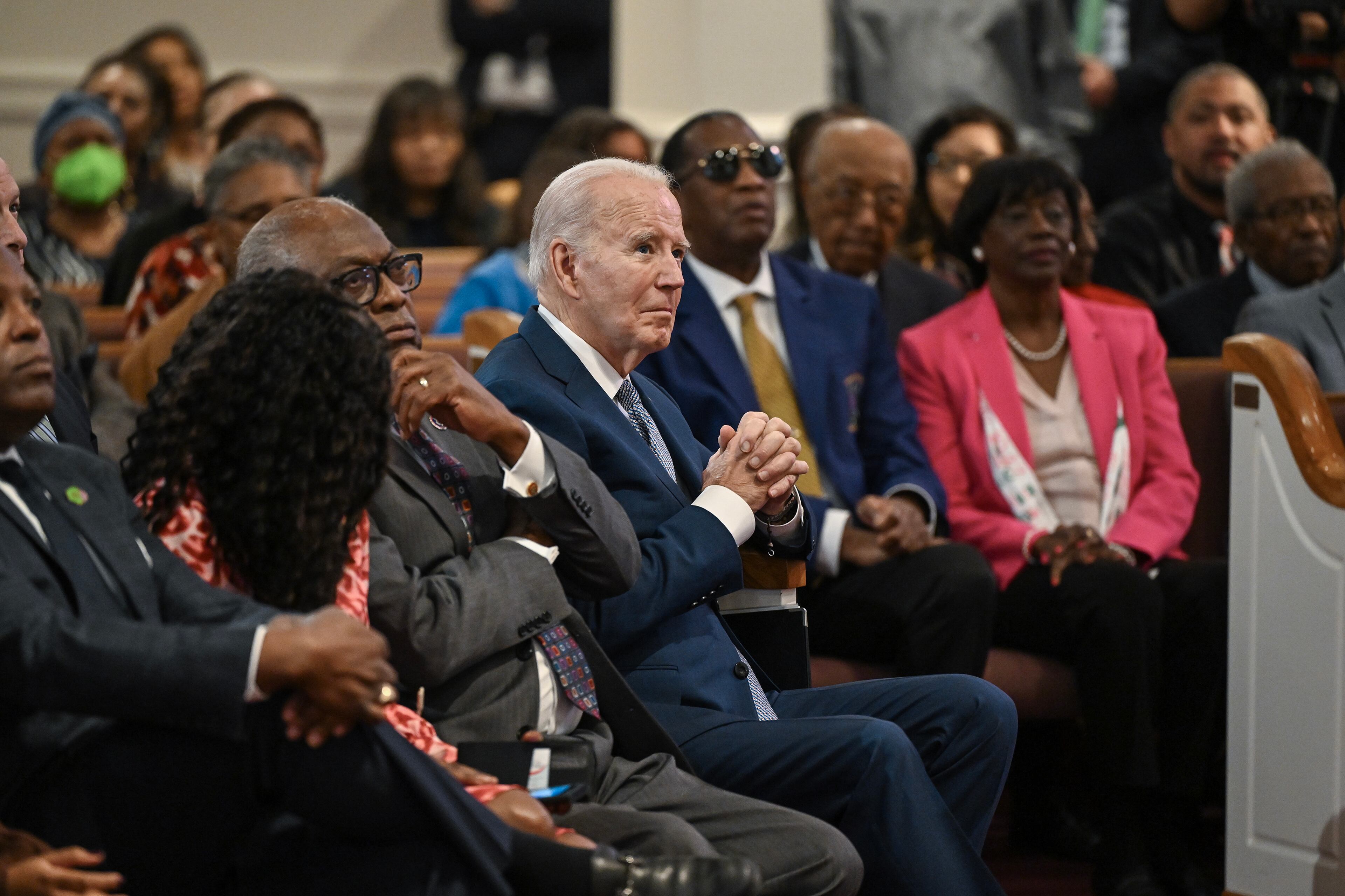 President Joe Biden attended a service last week at St. John the Baptist Church in Columbia, S.C. While campaigning in the state ahead of Saturday's primary, Biden and Vice President Kamala Harris have mostly addressed Black audiences, focusing on low jobless rates among minorities and major new federal grants for historically Black colleges and universities. (Kenny Holston/The New York Times)