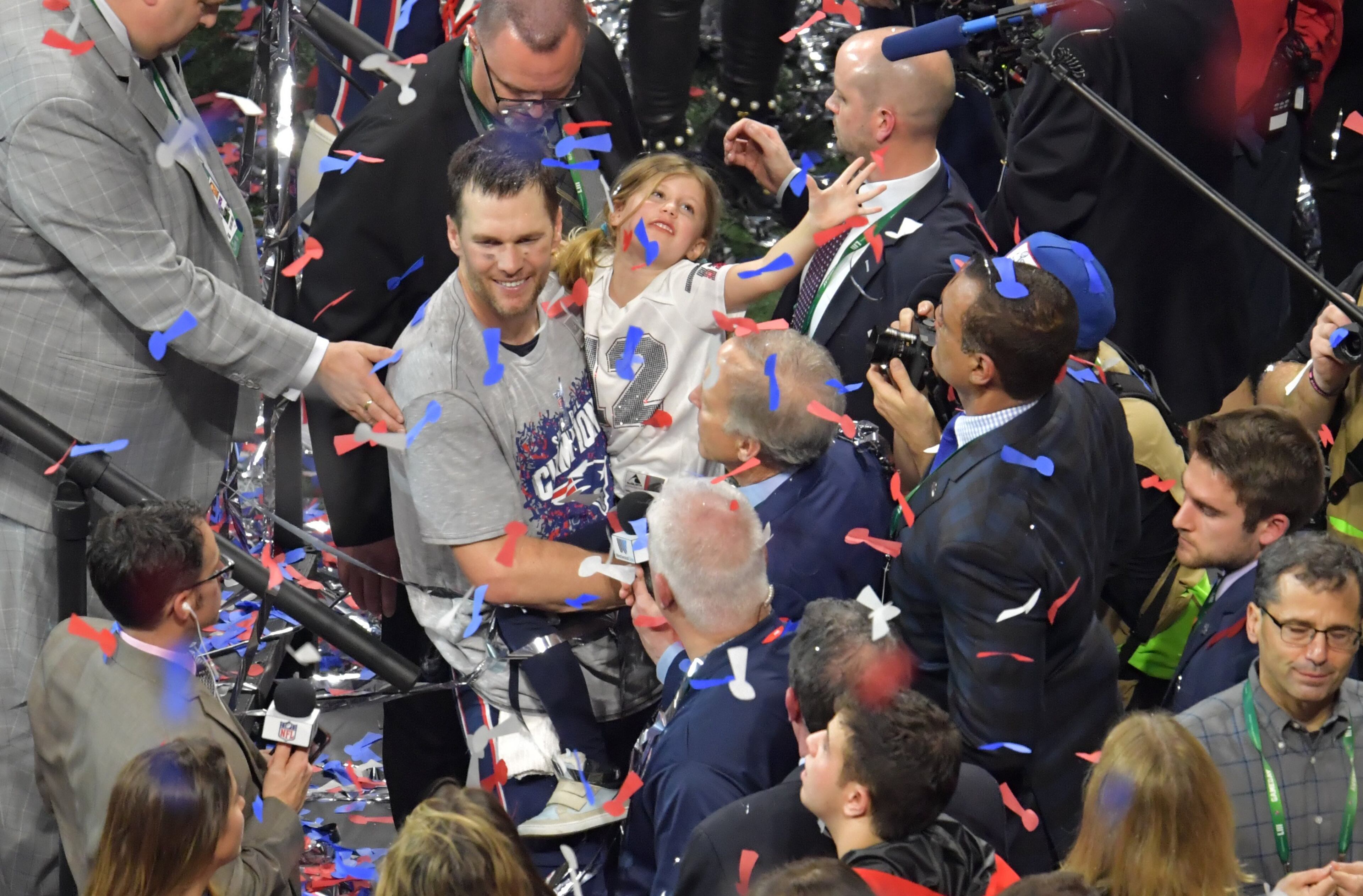 February 3, 2019 Atlanta - New England Patriots quarterback Tom Brady (12) with his children celebrates after New England Patriots won over the Los Angeles Rams during Super Bowl LIII at the Mercedes-Benz Stadium on Saturday, February 3, 2019. HYOSUB SHIN / HSHIN@AJC.COM