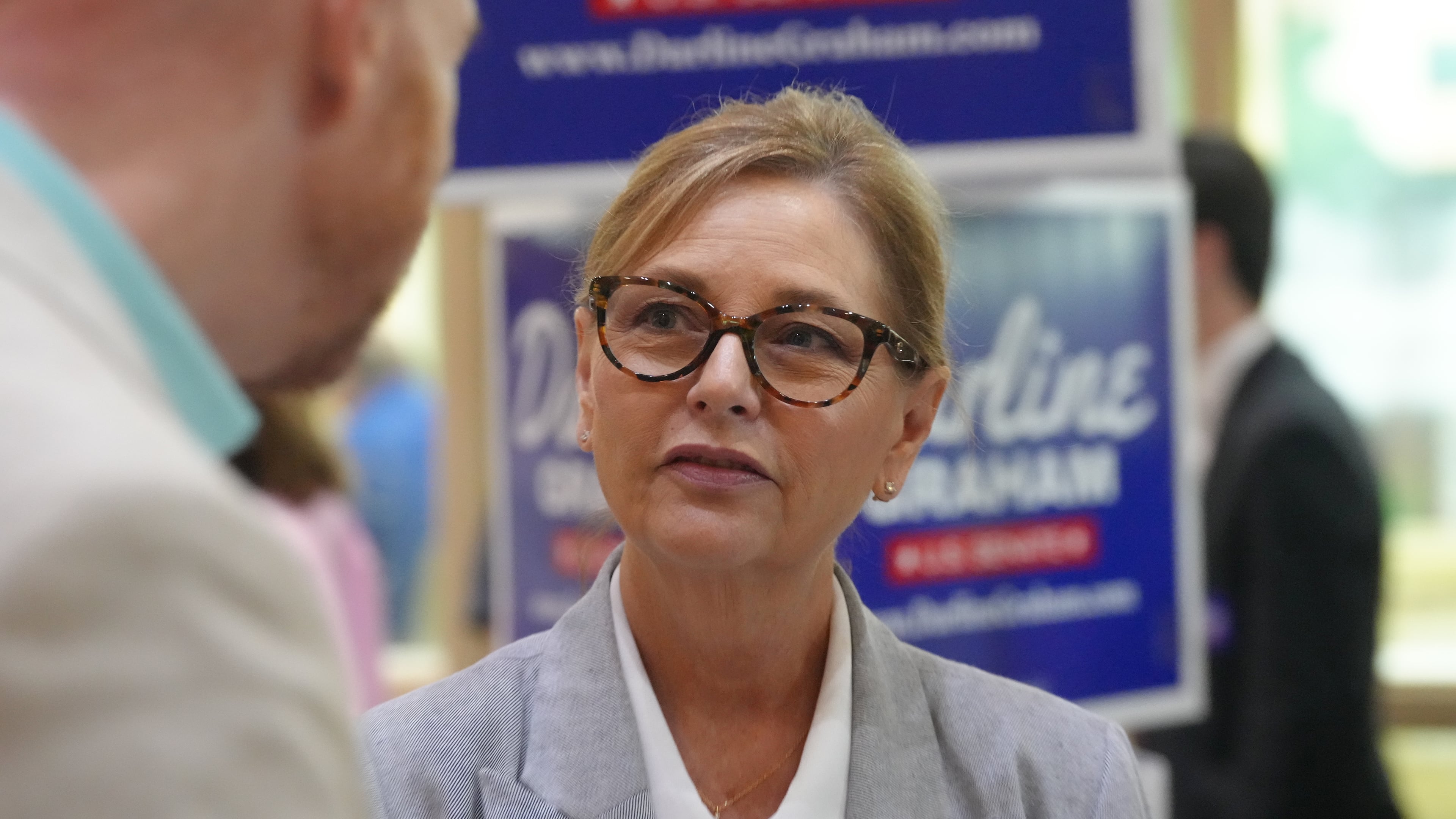 Sen. Darline Graham, R-S.C., speaks with voters following a Senate candidate stump event ahead of a special GOP primary to select a replacement for her late brother, Sen. Lindsey Graham, Saturday, Aug. 1, 2026, in Lexington, S.C. (AP Photo/Meg Kinnard)