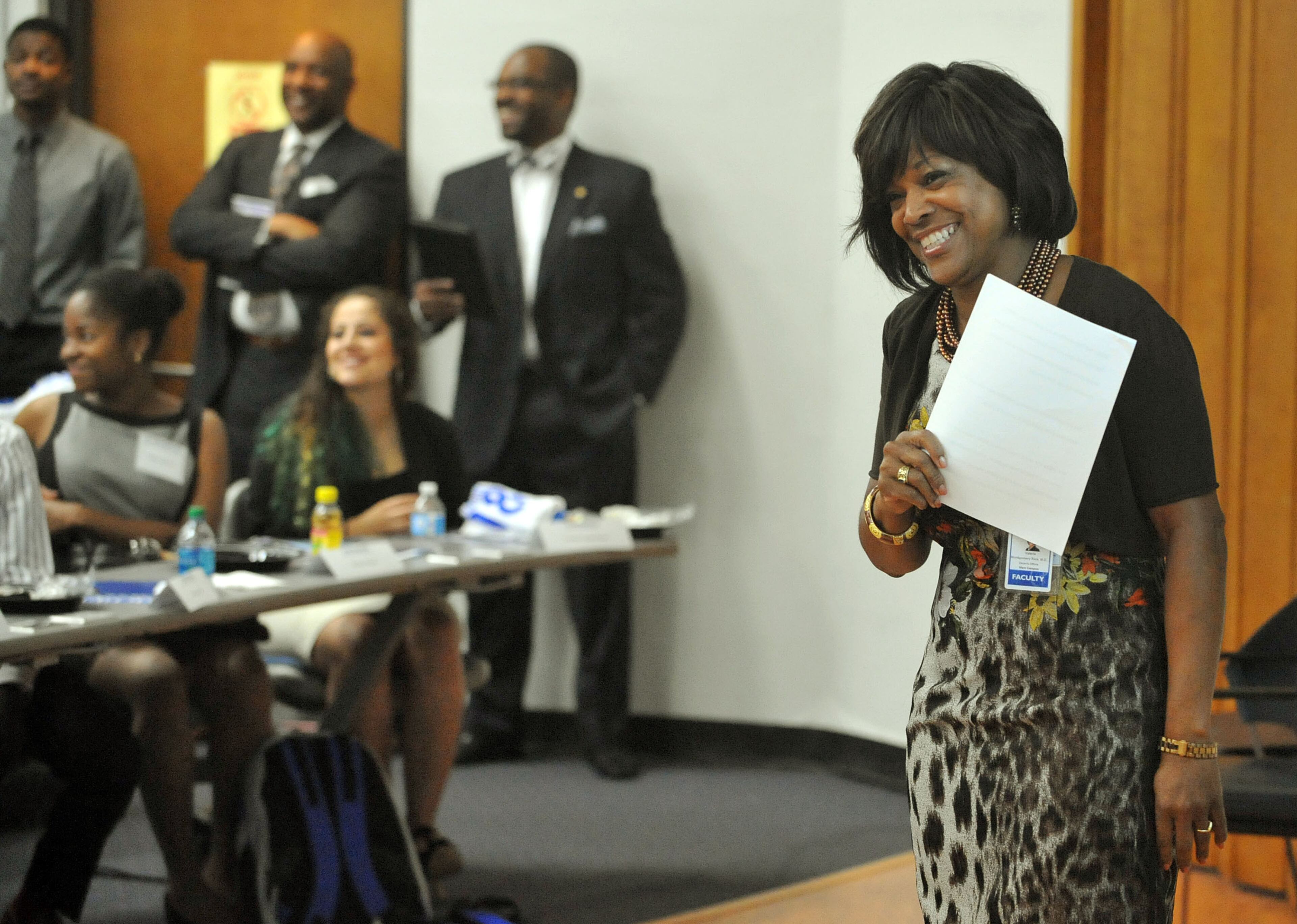 JUNE 30, 2014, ATLANTA Dr. Valerie Montgomery Rice welcomes students into the Morehouse School of Medicine Class of 2018, Monday, June 30, 2014. Unlike most physicians who nurture childhood dreams of becoming doctors, Valerie Montgomery Rice wanted to become a chemical engineer. Then one day she looked in the mirror and realized she was "way too cute" to be an engineer. Doctoring was more suited for her out-going personality. That may have been true for a time but as it turns out academics was her true love. In September Rice will officially become the nations' first African-American woman to be named president of an independent medical school and the one of only three women in the country to hold that position. KENT D. JOHNSON/KDJOHNSON@AJC.COM