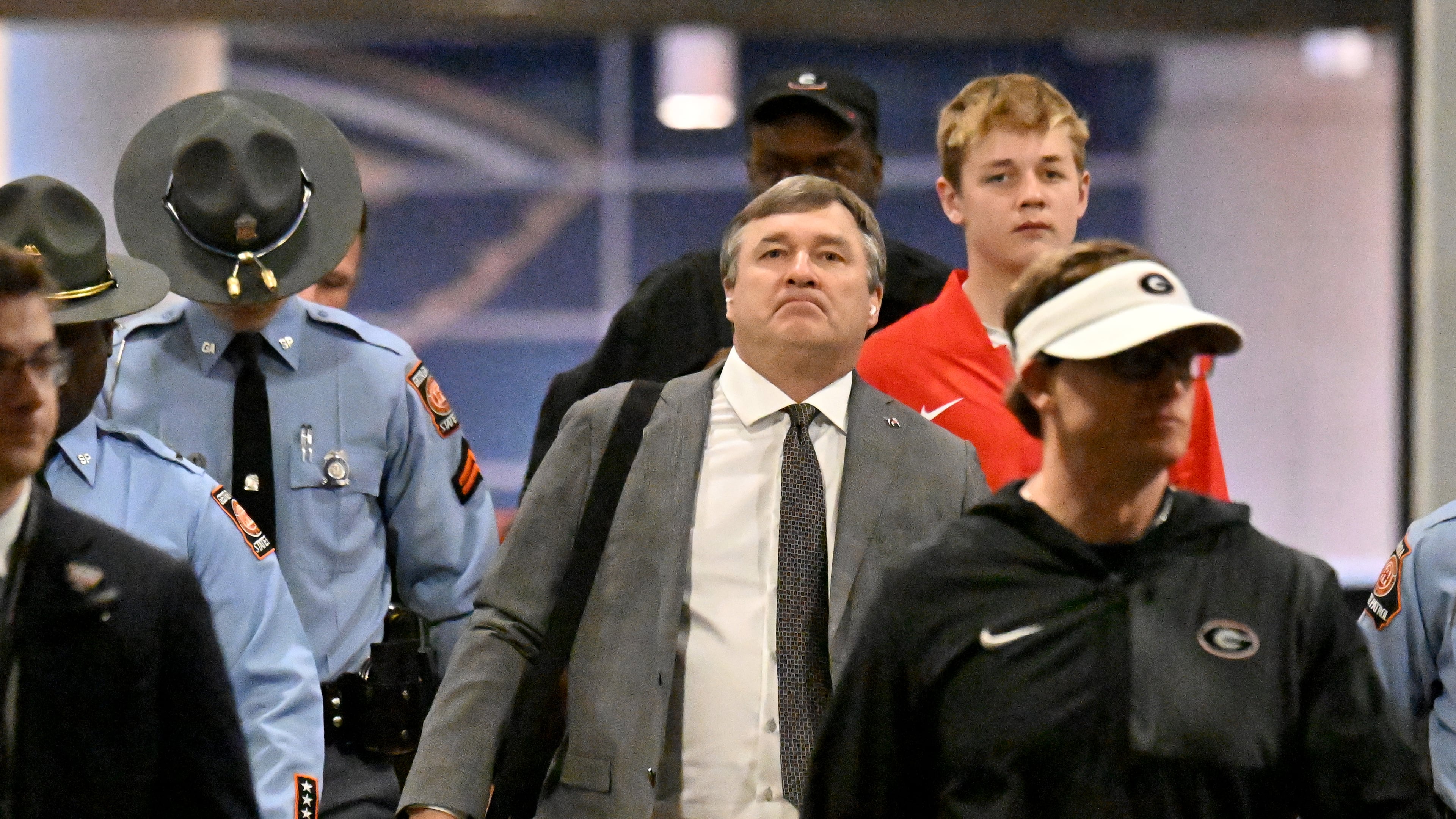 Georgia head coach Kirby Smart arrives with players and coaching staff before the Sugar Bowl on Jan. 1. Although Smart's name was mentioned in an answer about the new Falcons coach, he has said he prefers college ball. (Hyosub Shin/AJC)