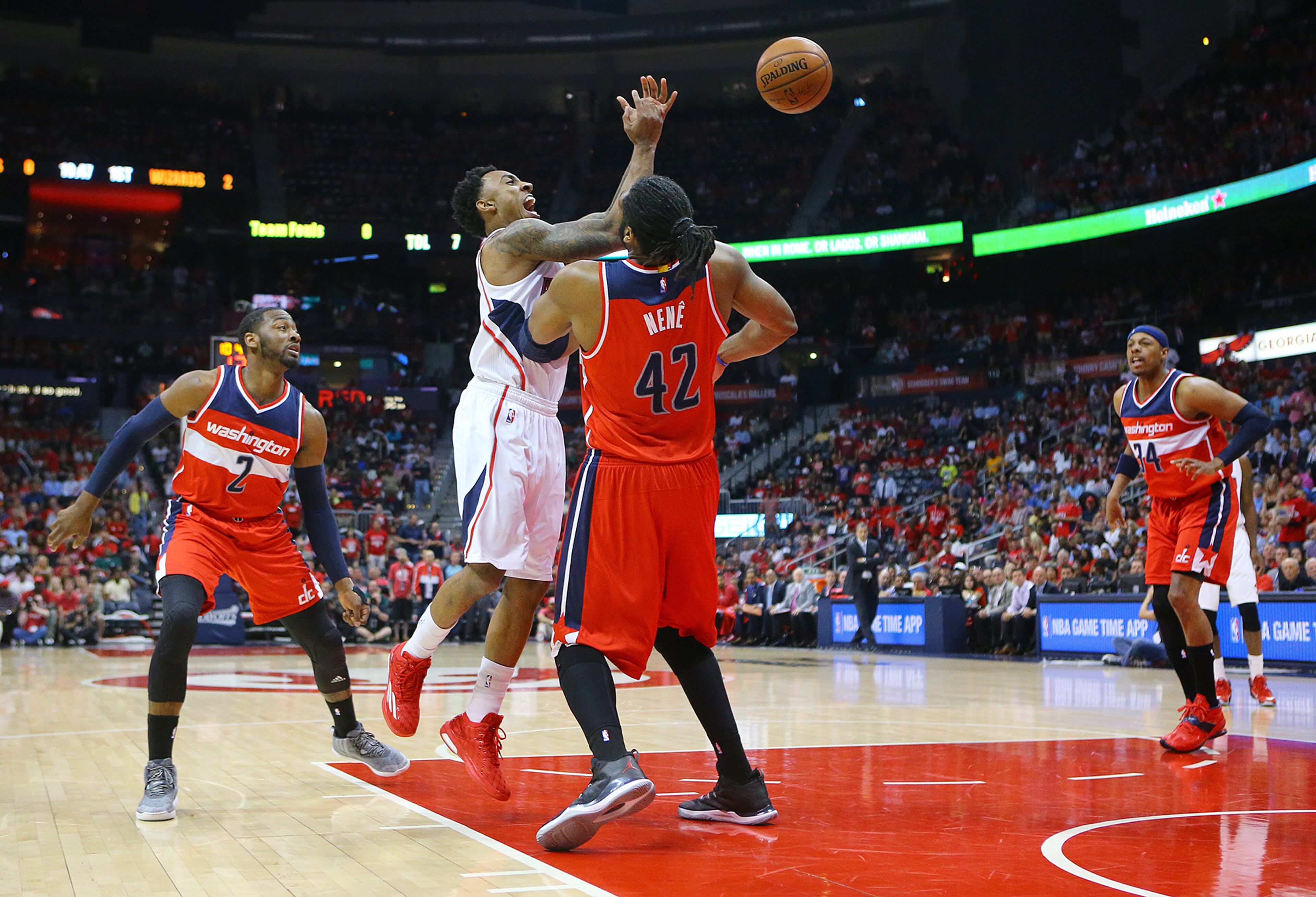 Wizards Nene blocks Hawks Jeff Teague who loses the ball for a turn over in their Eastern Conference Semifinals game 5 on Tuesday, May 13, 2015, in Atlanta. Curtis Compton / ccompton@ajc.com