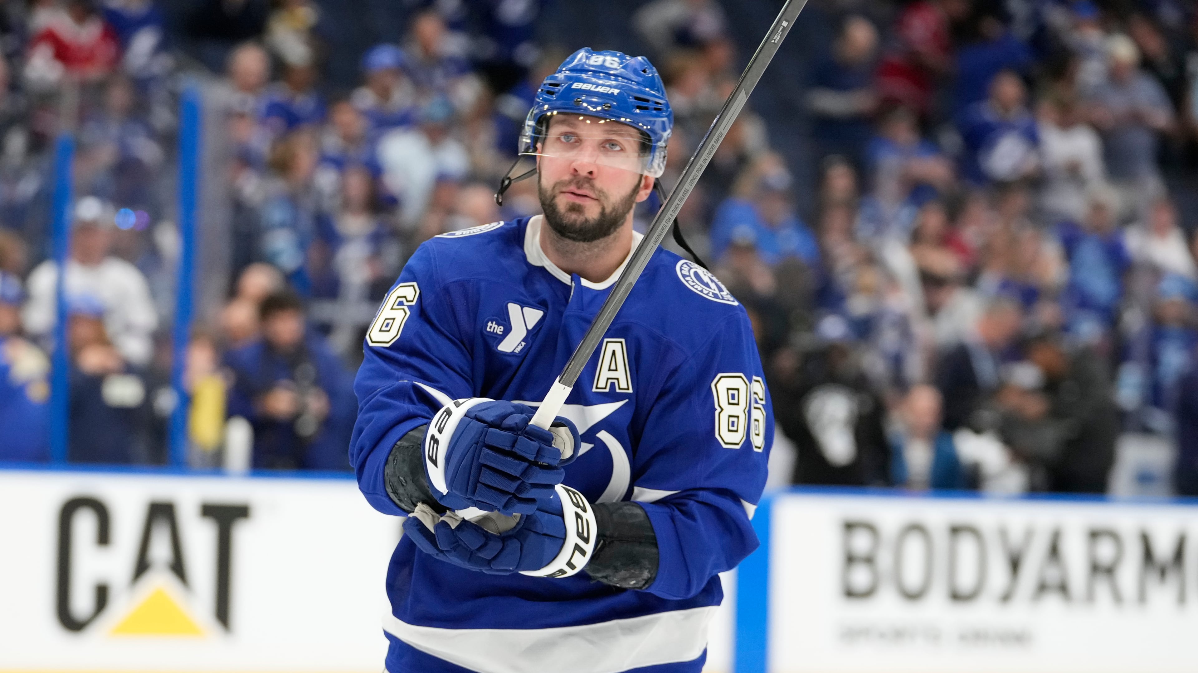 FILE - Tampa Bay Lightning right wing Nikita Kucherov looks on before Game 1 of an NHL hockey Stanley Cup first-round playoff series against the Montréal Canadiens, April 19, 2026, in Tampa, Fla. (AP Photo/Chris O'Meara, File)