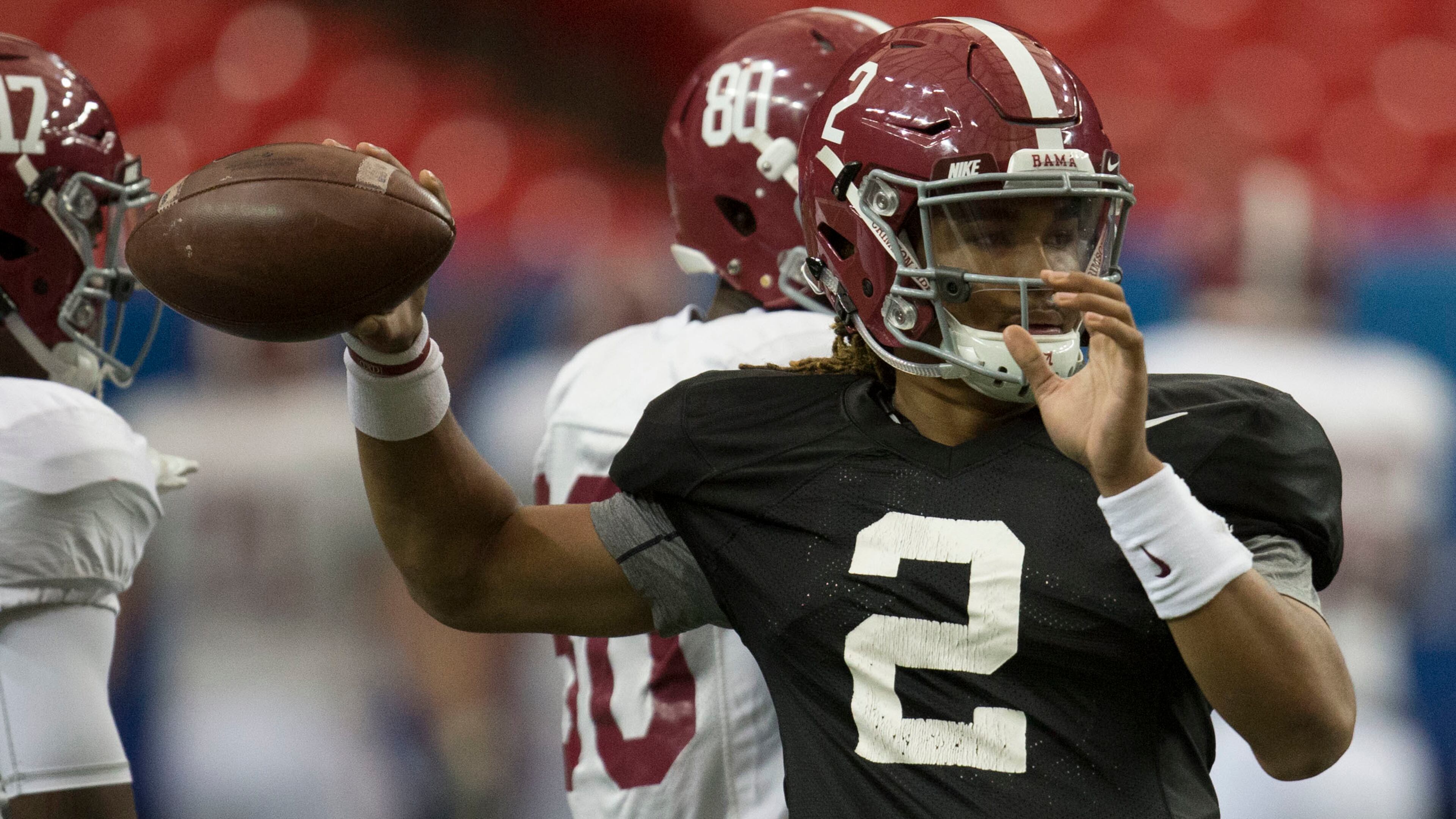 Alabama quarterback Jalen Hurts (2) works through drills during Alabama's Peach Bowl football practice, Tuesday, Dec. 27, 2016, at the Georgia Dome in Atlanta, Ga. (Vasha Hunt//AL.com via AP)