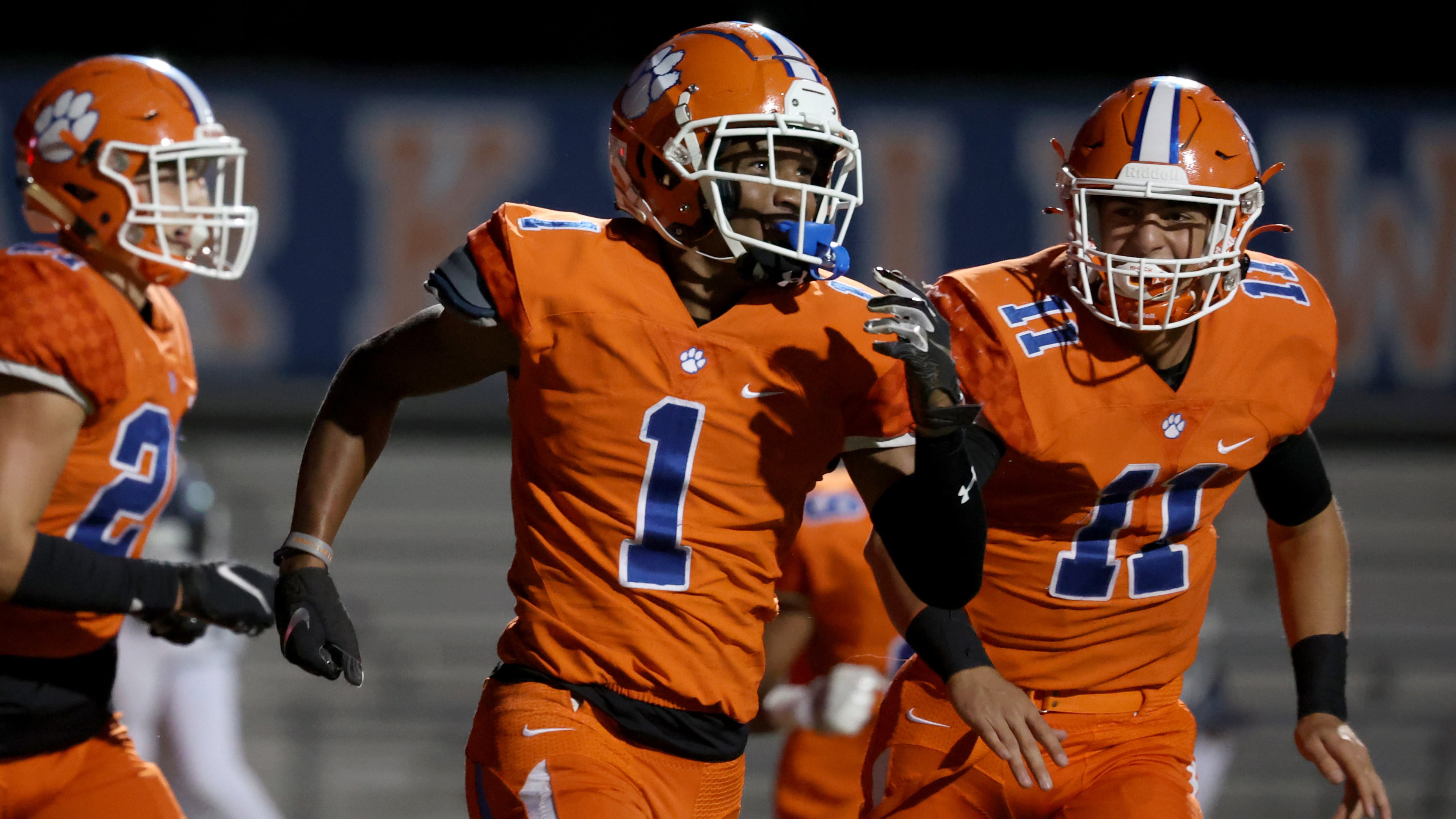Big win for Parkview: Panthers receiver Jared Brown (1) celebrates after a touchdown in Friday's game against Marietta. Brown finished with four TD catches as the Panthers topped the Blue Devils 50-28.