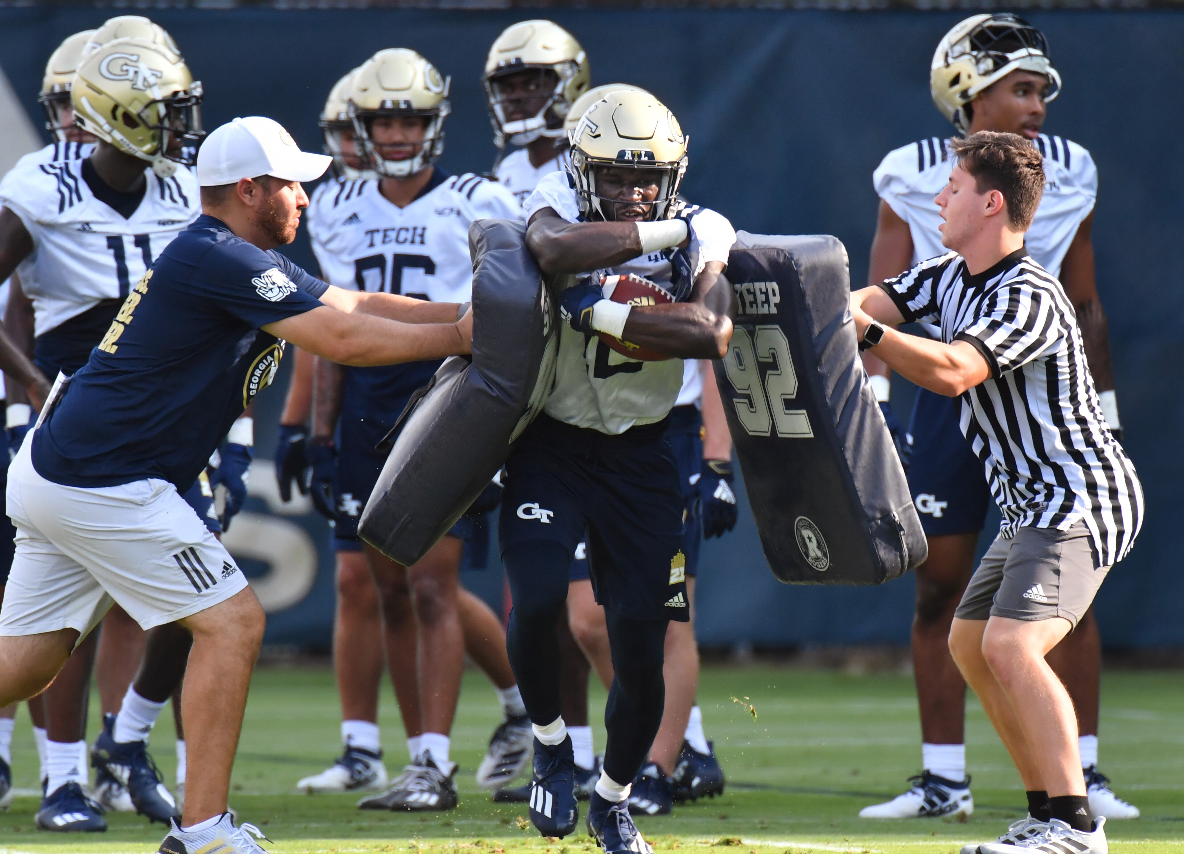 Georgia Tech's wide receiver Adonicas Sanders (12) runs a drill during a football practice at Rose Bowl Field on Georgia Tech Campus in Atlanta on Friday, August 6, 2021. (Hyosub Shin / Hyosub.Shin@ajc.com)