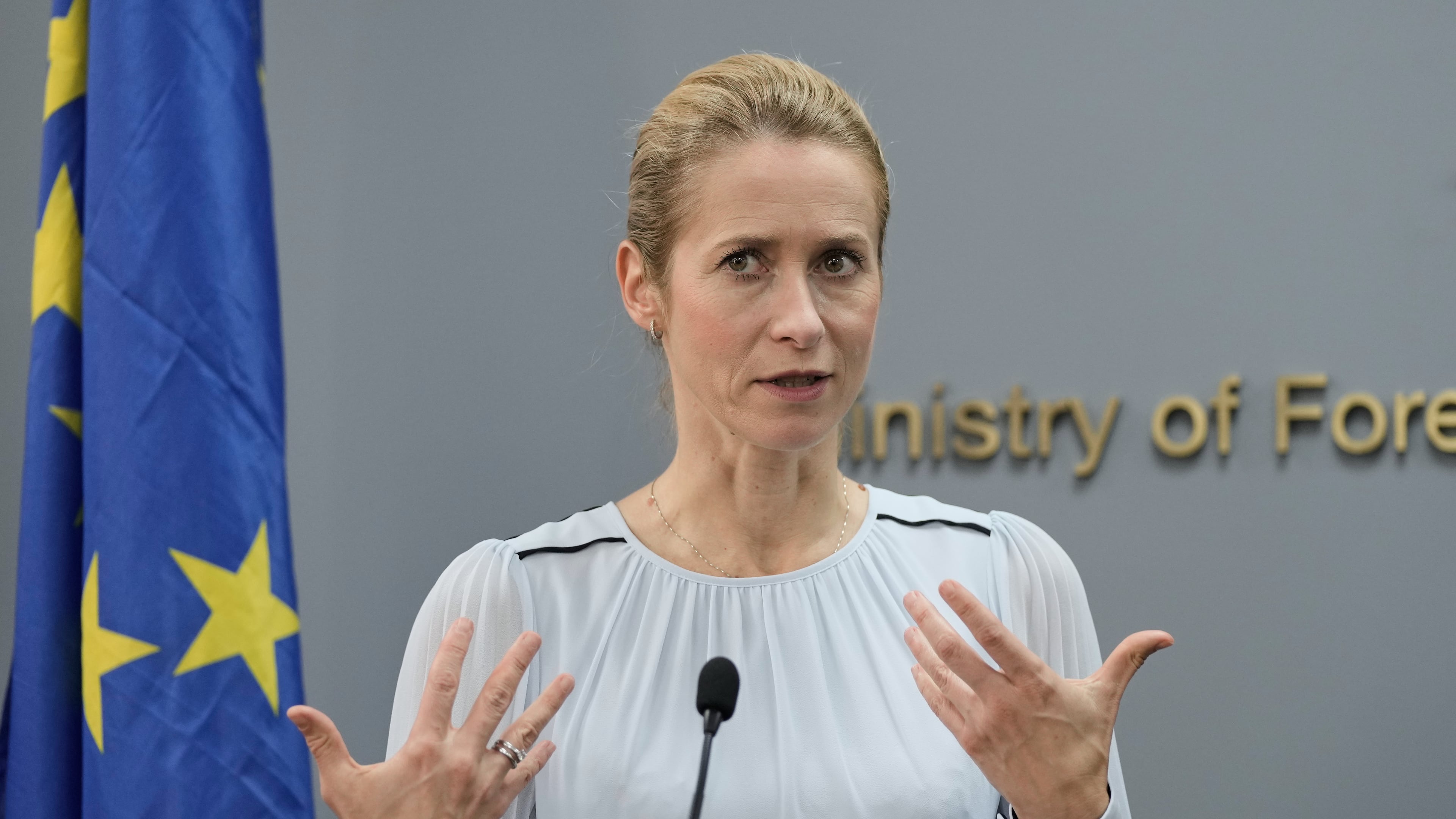 European Union foreign policy chief Kaja Kallas speaks during a joint news conference with Lebanese Foreign Minister Youssef Rajji in Beirut, Lebanon, Thursday, Oct. 8, 2026. (AP Photo/Bilal Hussein)