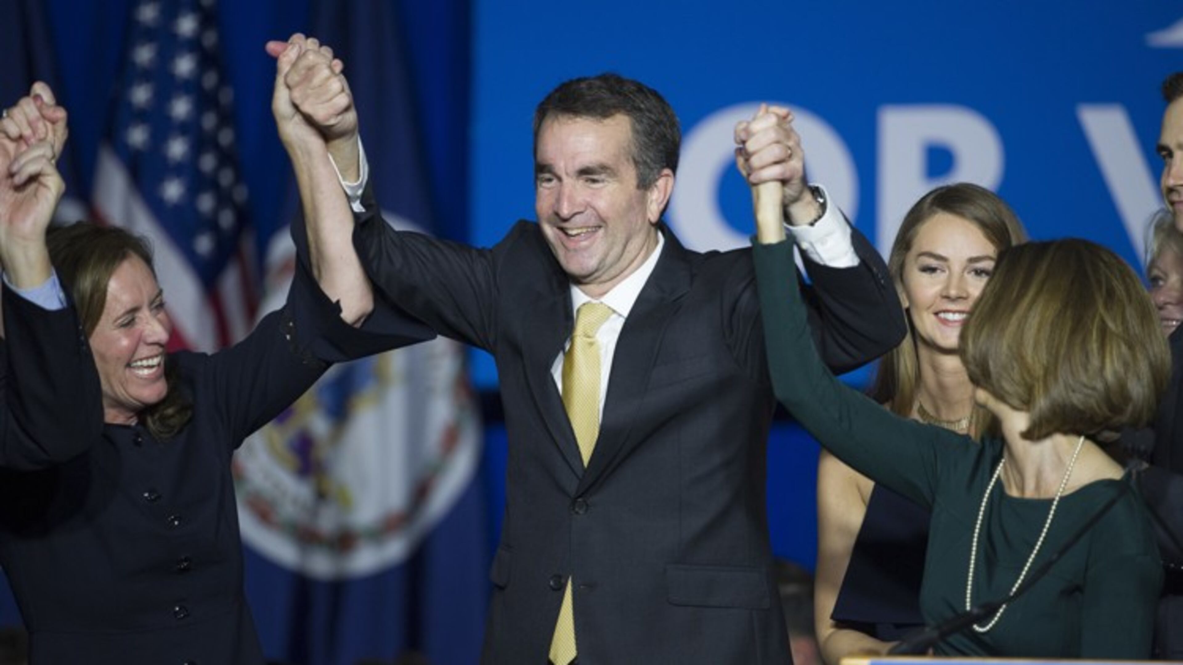 Virginia Gov.-elect Ralph Northam celebrates his election victory Tuesday in Fairfax, Va. (AP Photo / Cliff Owen)