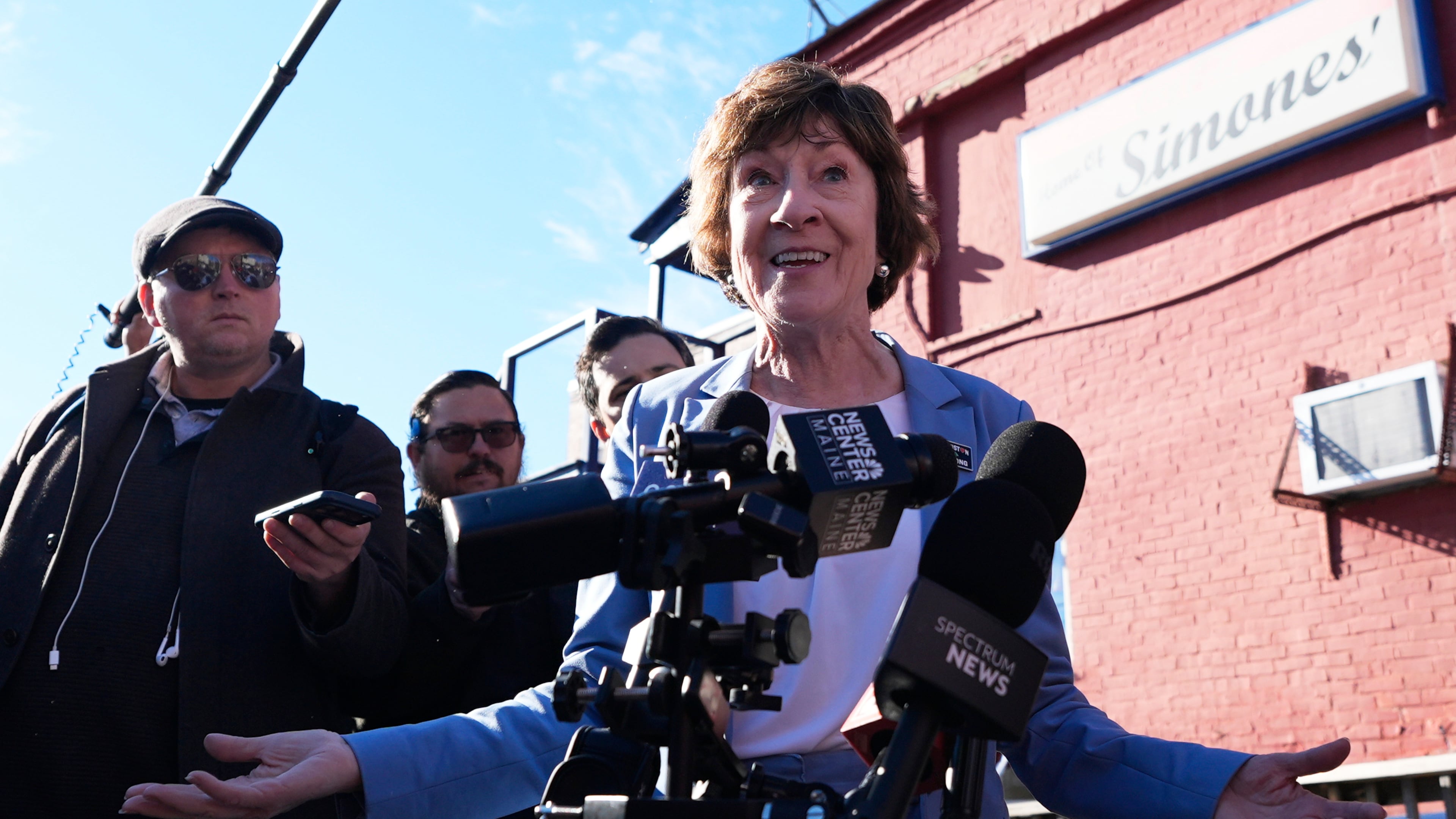 Sen. Susan Collins speaks to reporters following a campaign stop Wednesday, Oct. 21, 2026, in Lewiston, Maine. (AP Photo/Robert F. Bukaty)