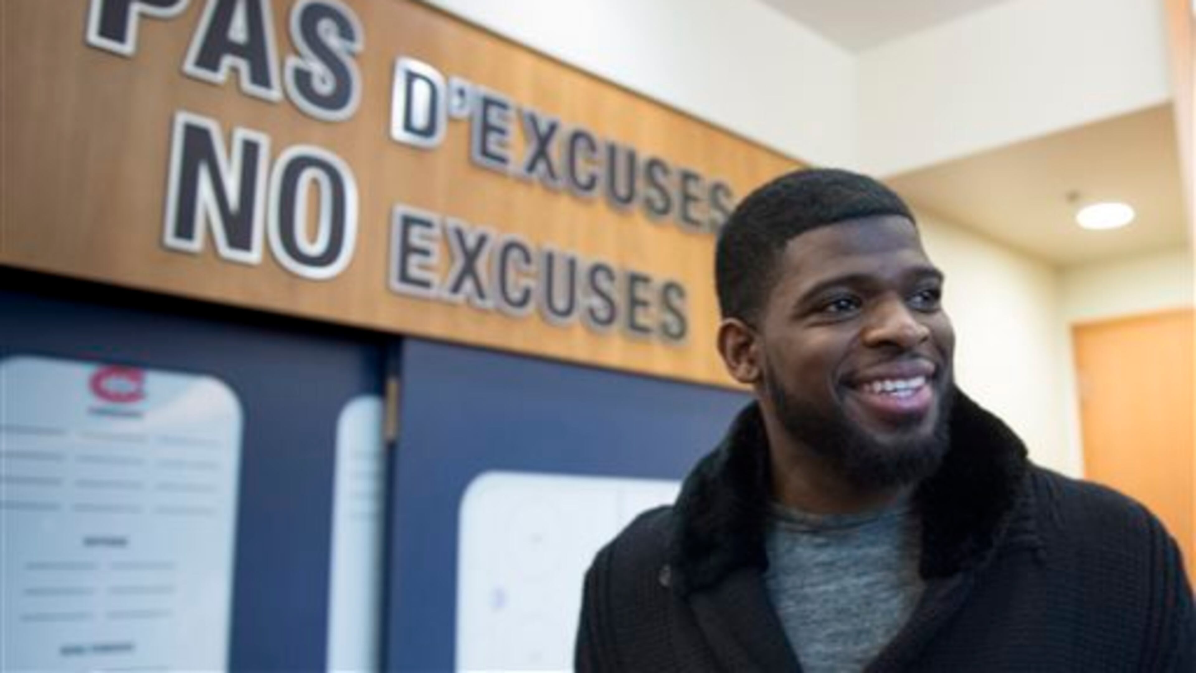 Montreal Canadiens defenceman P.K. Subban walks away after taking with reporters during an end of season availability at the team training facility Monday, April 11, 2016 in Brossard, Quebec. None of the seven Canadian NHL teams was good enough this season to reach the Stanley Cup playoffs, a dismal milestone in the home of modern hockey and the first time it has happened since the 1969-70 season. (Paul Chiasson/The Canadian Press via AP)