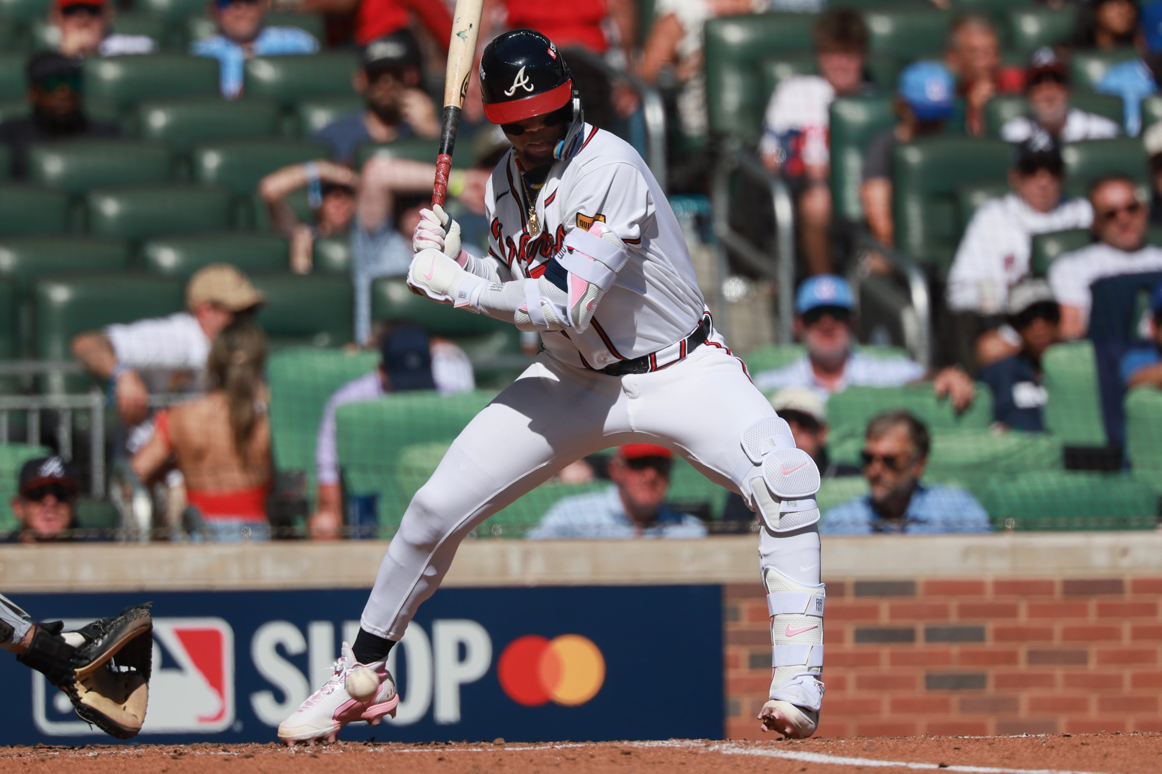Atlanta Braves' Ronald Acuña Jr. is hit by a pitch against the Philadelphia Phillies during the sixth inning of Game 1 of a MLB National League Wild Card playoff series between the Atlanta Braves and the Philadelphia Phillies, Tuesday, Sept. 29, 2026, in Atlanta. (Jason Getz/AJC)