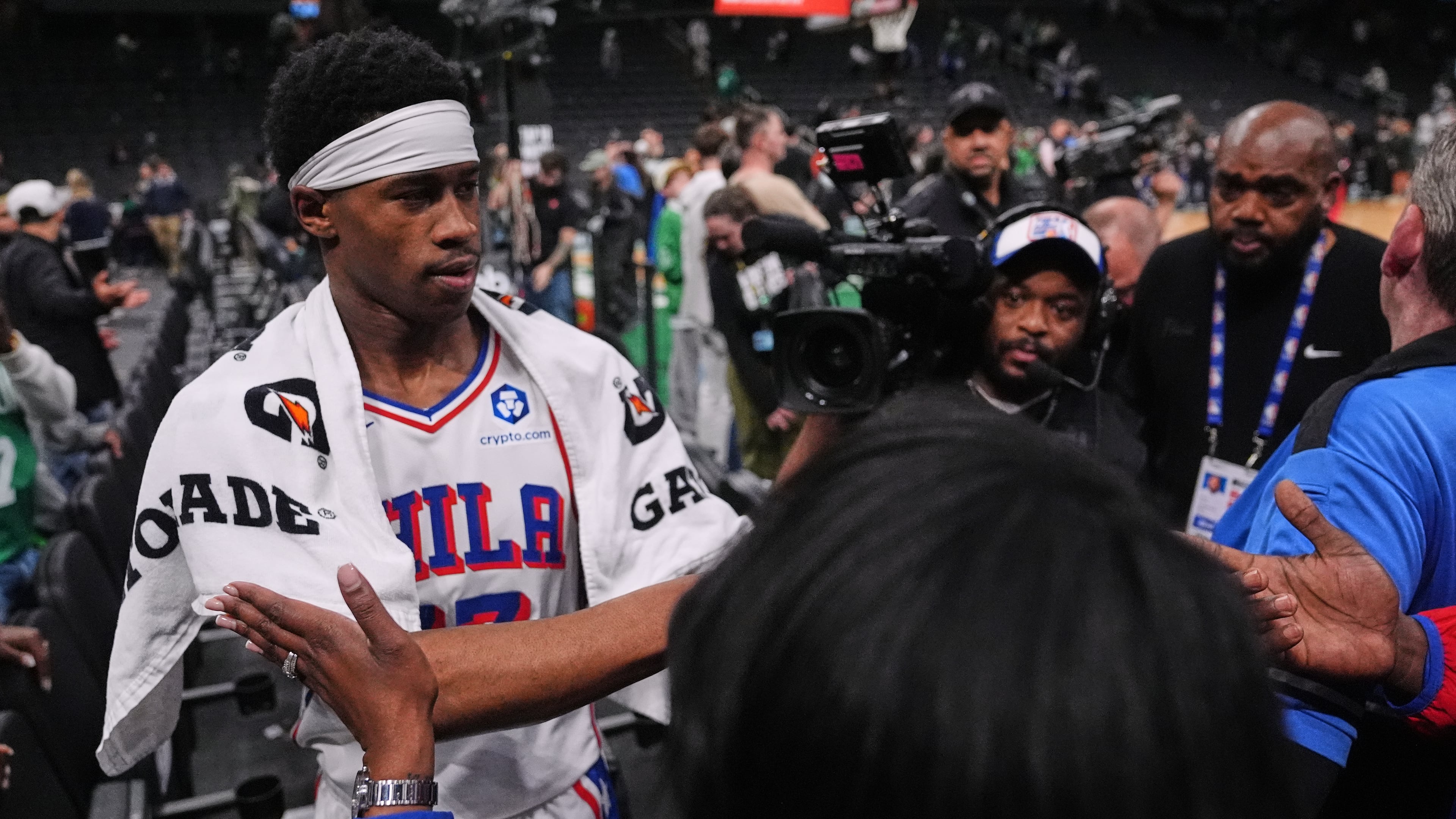 Philadelphia 76ers guard Vj Edgecombe is congratulated by fans after defeating the Boston Celtics following Game 2 of a first-round NBA playoffs basketball series, Tuesday, April 21, 2026, in Boston. (AP Photo/Charles Krupa)