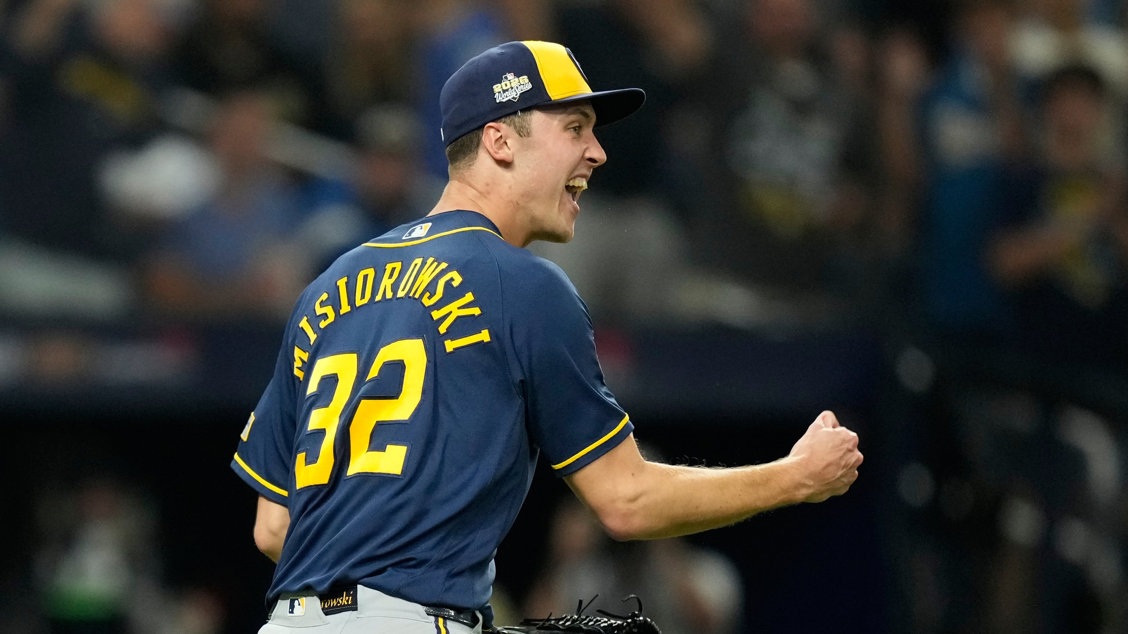 Milwaukee Brewers pitcher Jacob Misiorowski celebrates the end of the fourth inning of Game 5 of baseball's World Series, Wednesday, Oct. 28, 2026, in St. Petersburg, Fla., between the Milwaukee Brewers and the Tampa Bay Rays. (AP Photo/Ashley Landis)