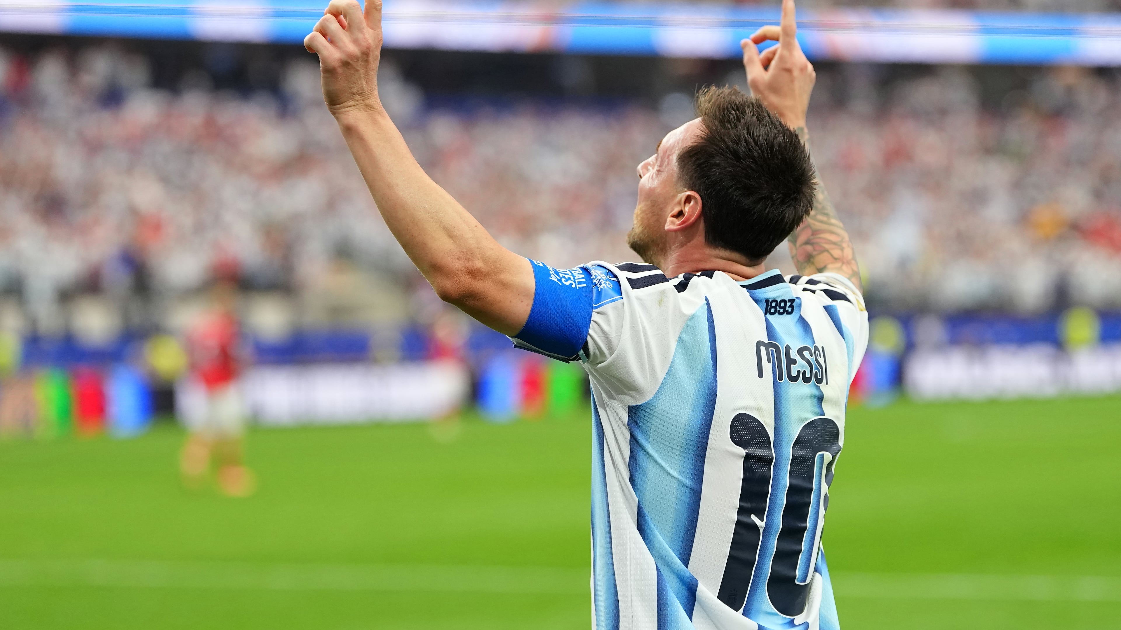 Argentina's Lionel Messi celebrates after scoring his side's second goal during the World Cup Group J soccer match between Argentina and Austria in Arlington, Texas, near Dallas, Monday, June 22, 2026. (AP Photo/Julio Cortez)