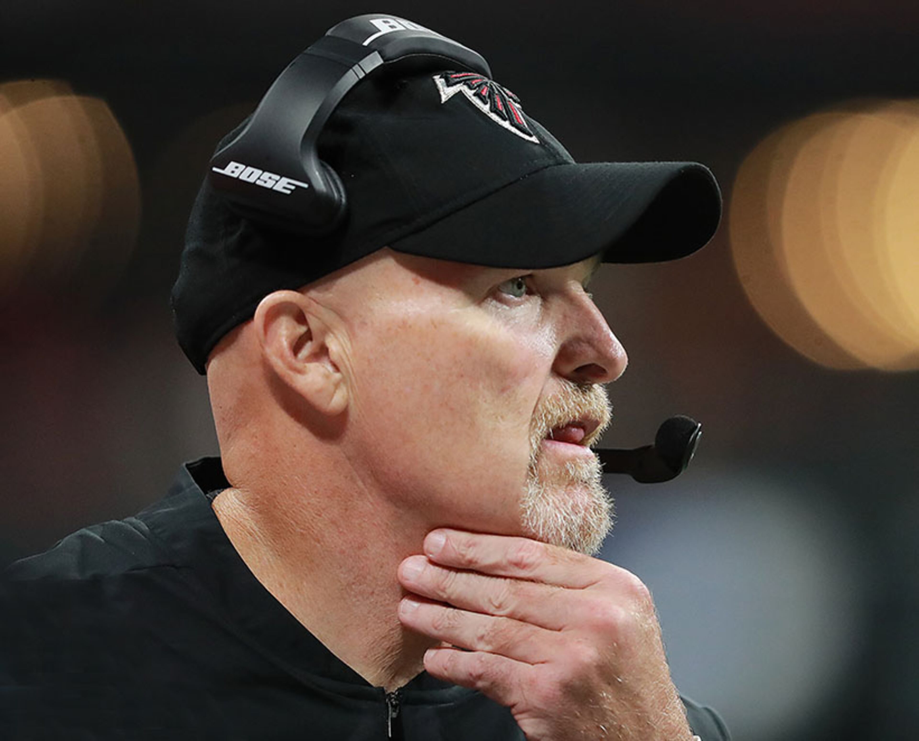 Falcons head coach Dan Quinn evaluates his players during the second half against the Kansas City Chiefs Friday, Aug. 17, 2018, at Mercedes-Benz Stadium in Atlanta.
