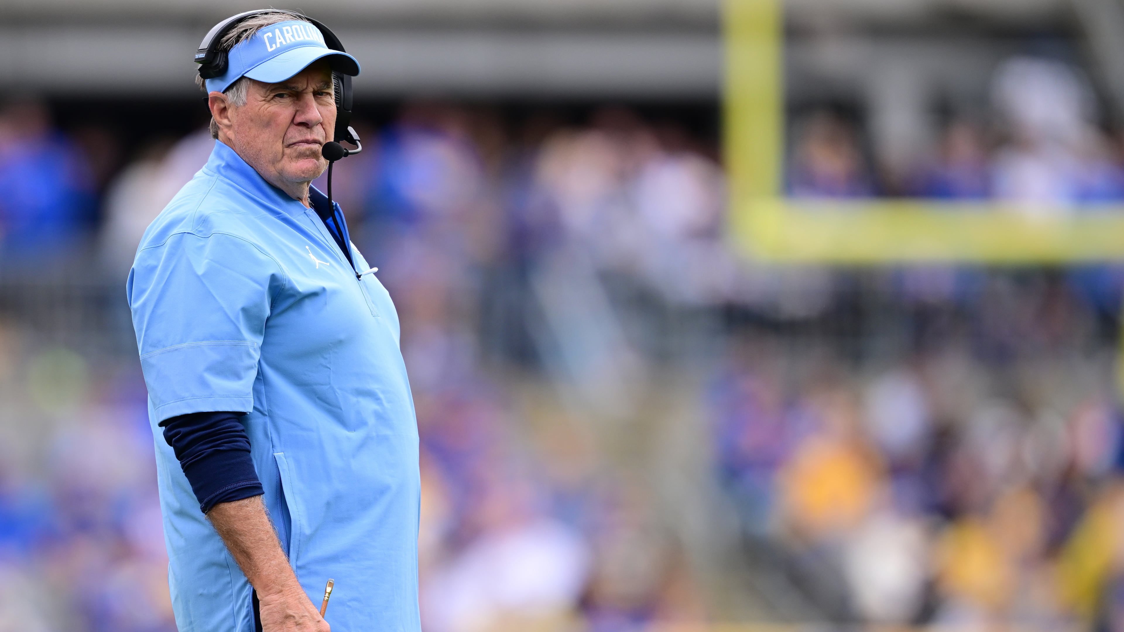 North Carolina head coach Bill Belichick stands on the sideline during the first half of an NCAA college football game against Pittsburgh, Saturday, Oct. 10, 2026, in Pittsburgh. (AP Photo/David Dermer)