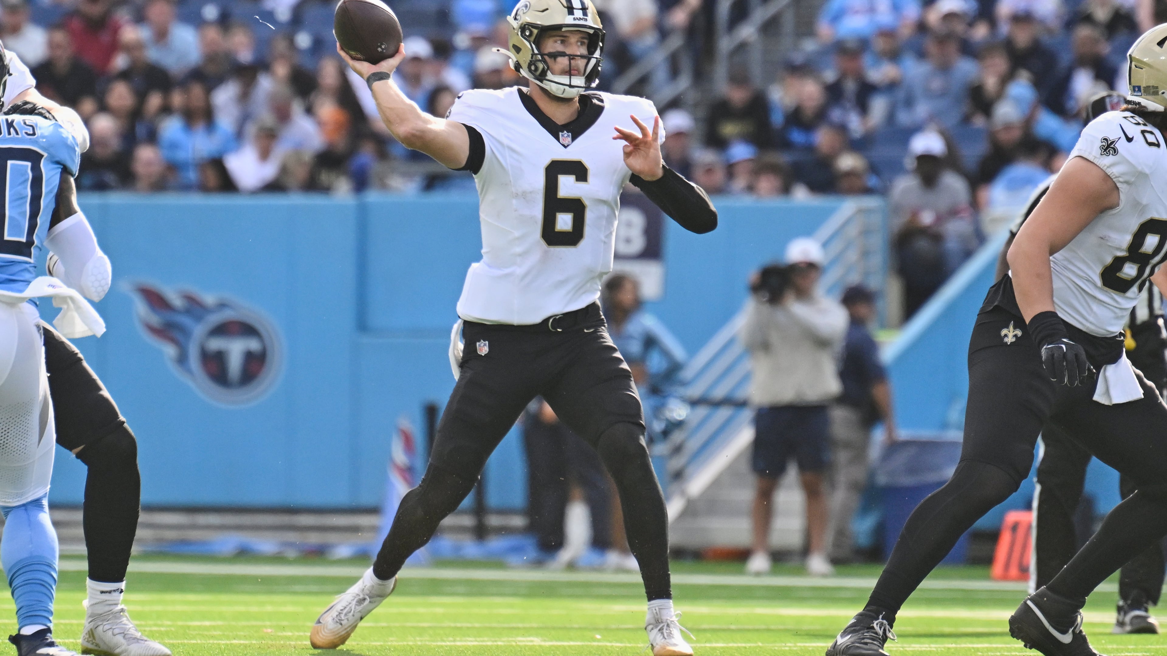 New Orleans Saints quarterback Tyler Shough (6) passes against the Tennessee Titans in the second half of an NFL football game, Sunday, Dec. 28, 2025, in Nashville, Tenn. (AP Photo/John Amis)