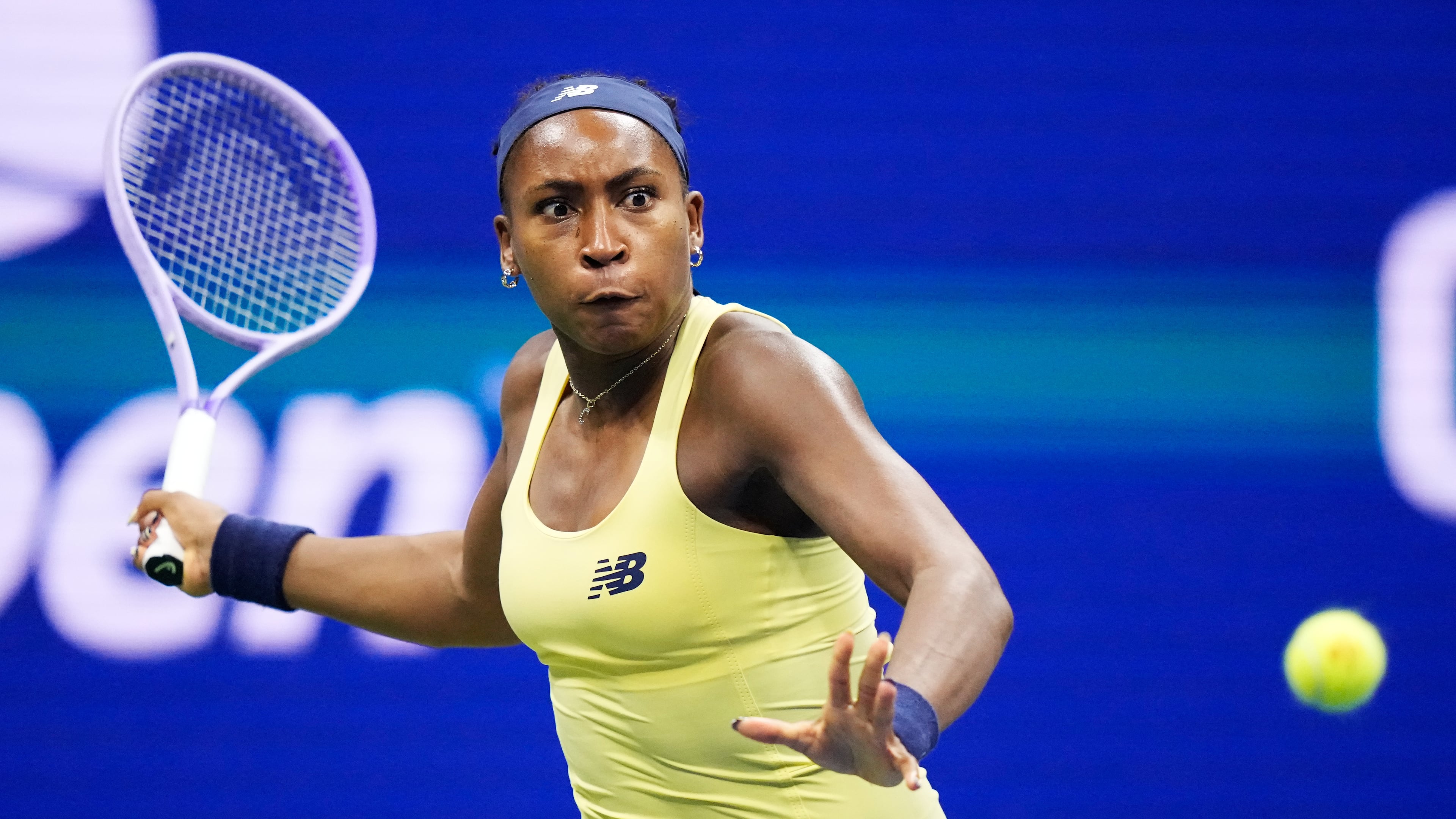 Coco Gauff, of the United States, returns the ball to Elena Rybakina, of Kazakhstan, during the women's singles semifinals of the U.S. Open tennis championships Thursday, Sept. 10, 2026, in New York. (AP Photo/Frank Franklin II)
