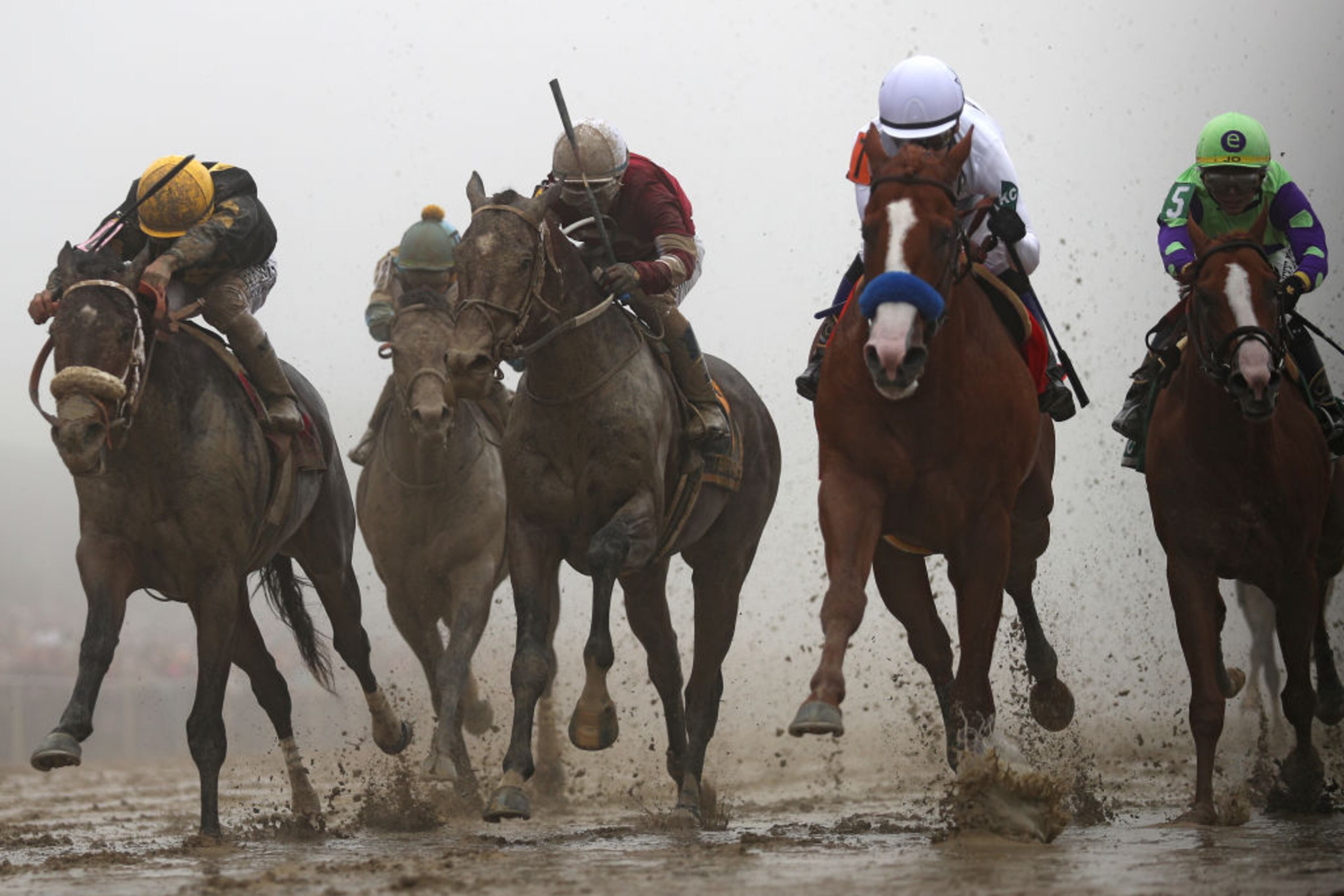 BALTIMORE, MD - MAY 19: Justify #7 ridden by jockey Mike Smith wins the 143rd running of the Preakness Stakes at Pimlico Race Course on May 19, 2018 in Baltimore, Maryland. (Photo by Patrick Smith/Getty Images)