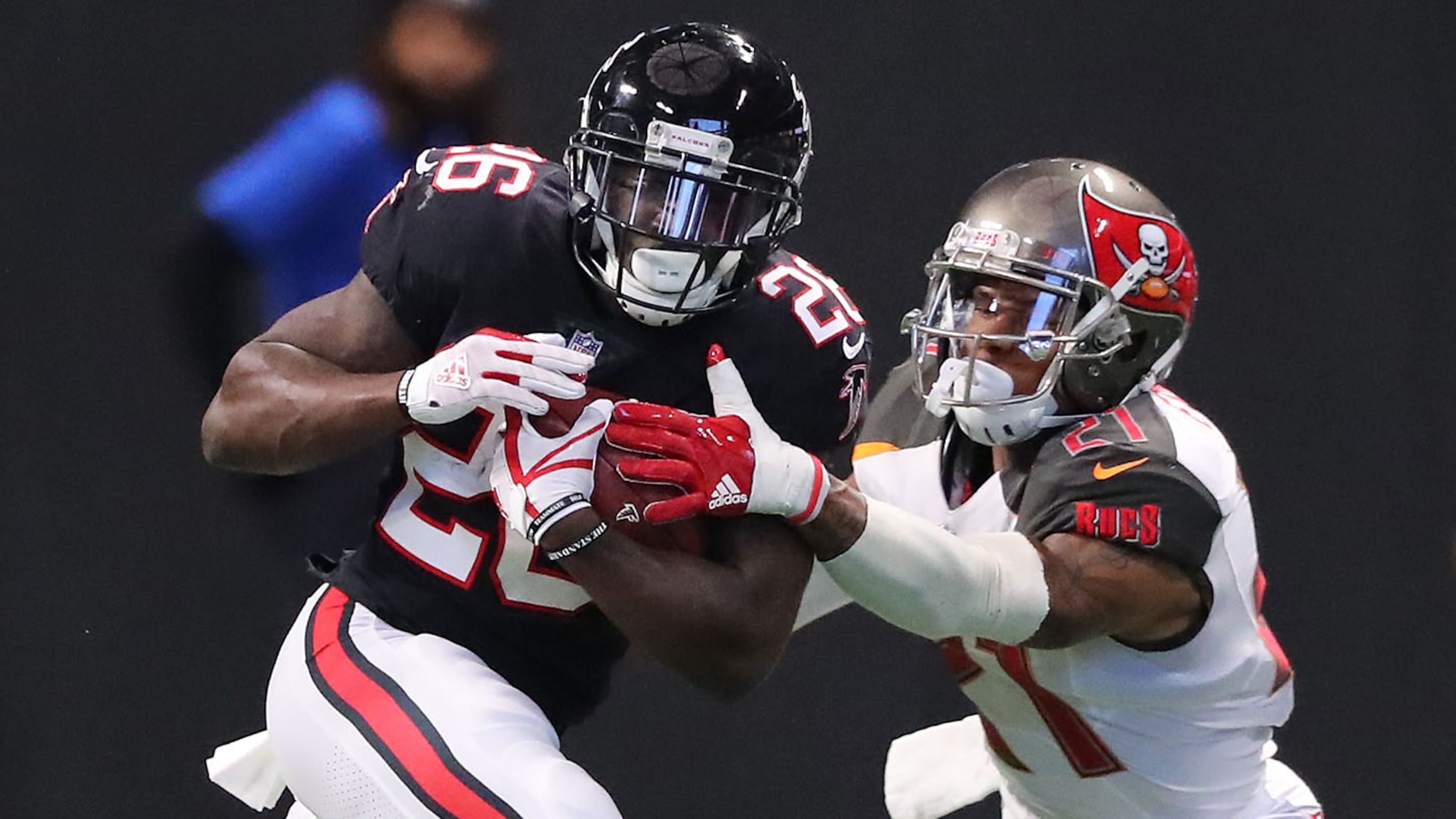 November 26, 2017 Atlanta: Falcons running back Tevin Coleman makes a first down gain during the second half against the Buccaneers in a NFL football game on Sunday, November 26, 2017, in Atlanta. Curtis Compton/ccompton@ajc.com