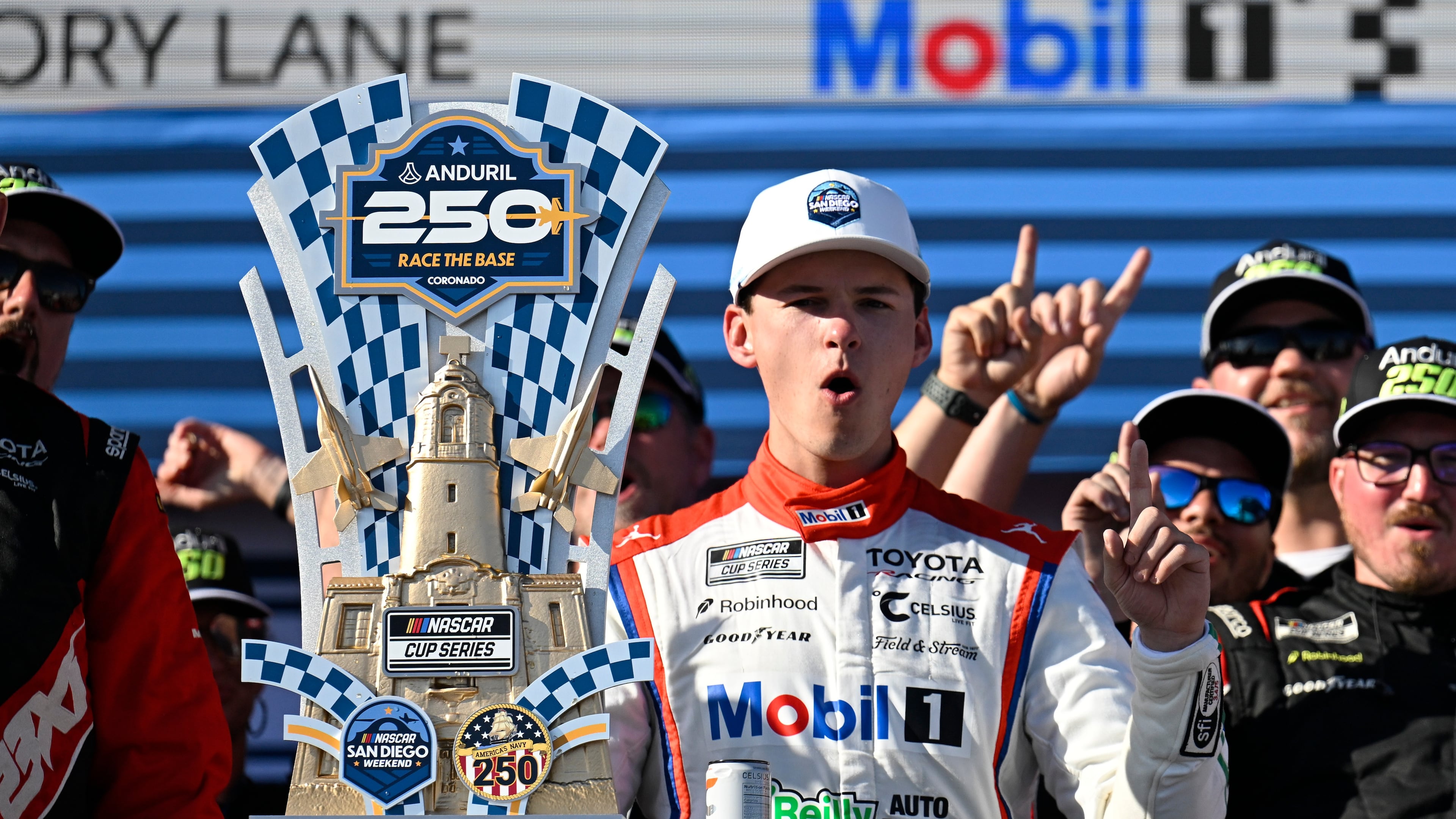 Cory Heim celebrates in Victory Lane after winning a NASCAR Cup Series auto race, Sunday, June 21, 2026, in Coronado, Calif. (AP Photo/Denis Poroy)
