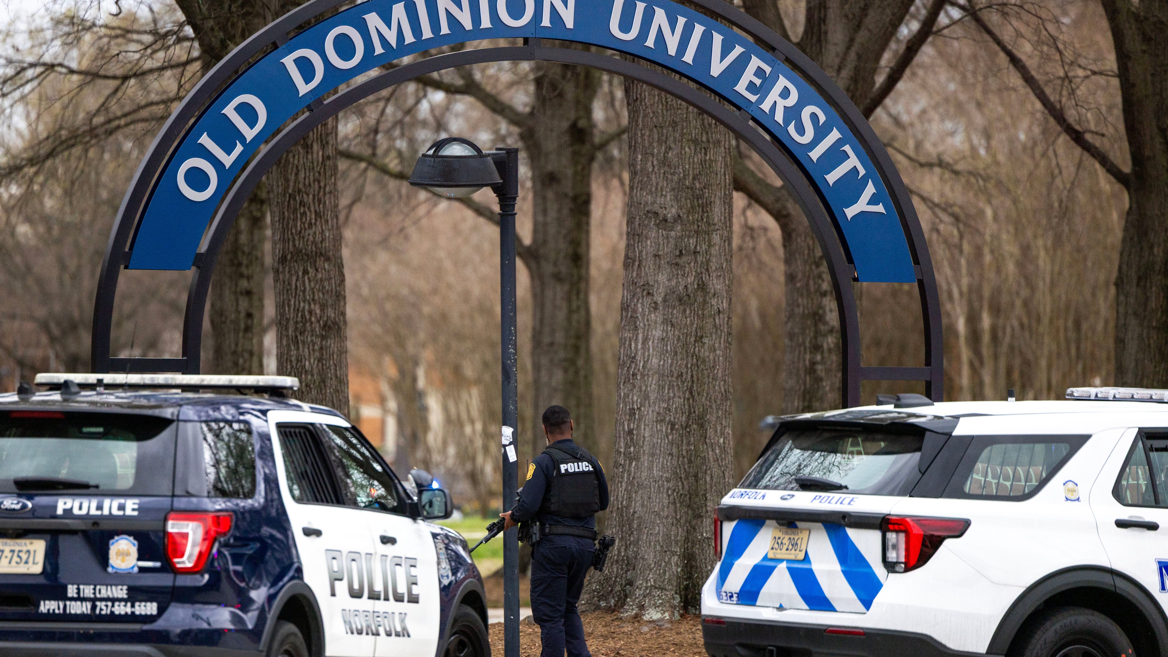 FILE - Police arrive outside Old Dominion University's campus after reports of an active shooter on March 12, 2026 in Norfolk, Va. (Kendall Warner/The Virginian-Pilot via AP, File)