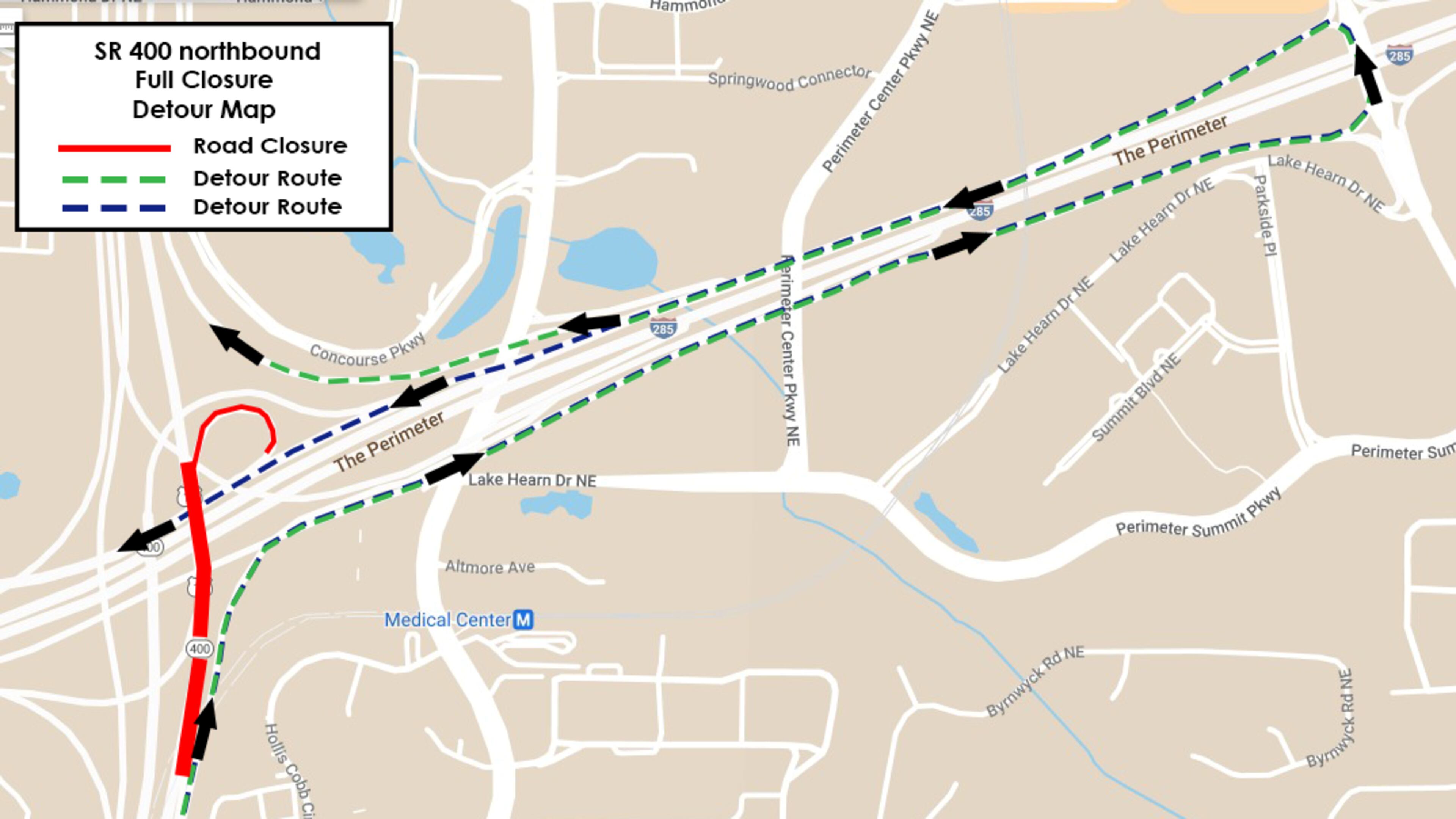 The Georgia Department of Transportation will close northbound Ga. 400 overnight on weekdays next week for construction of a new I-285 bridge over the highway.