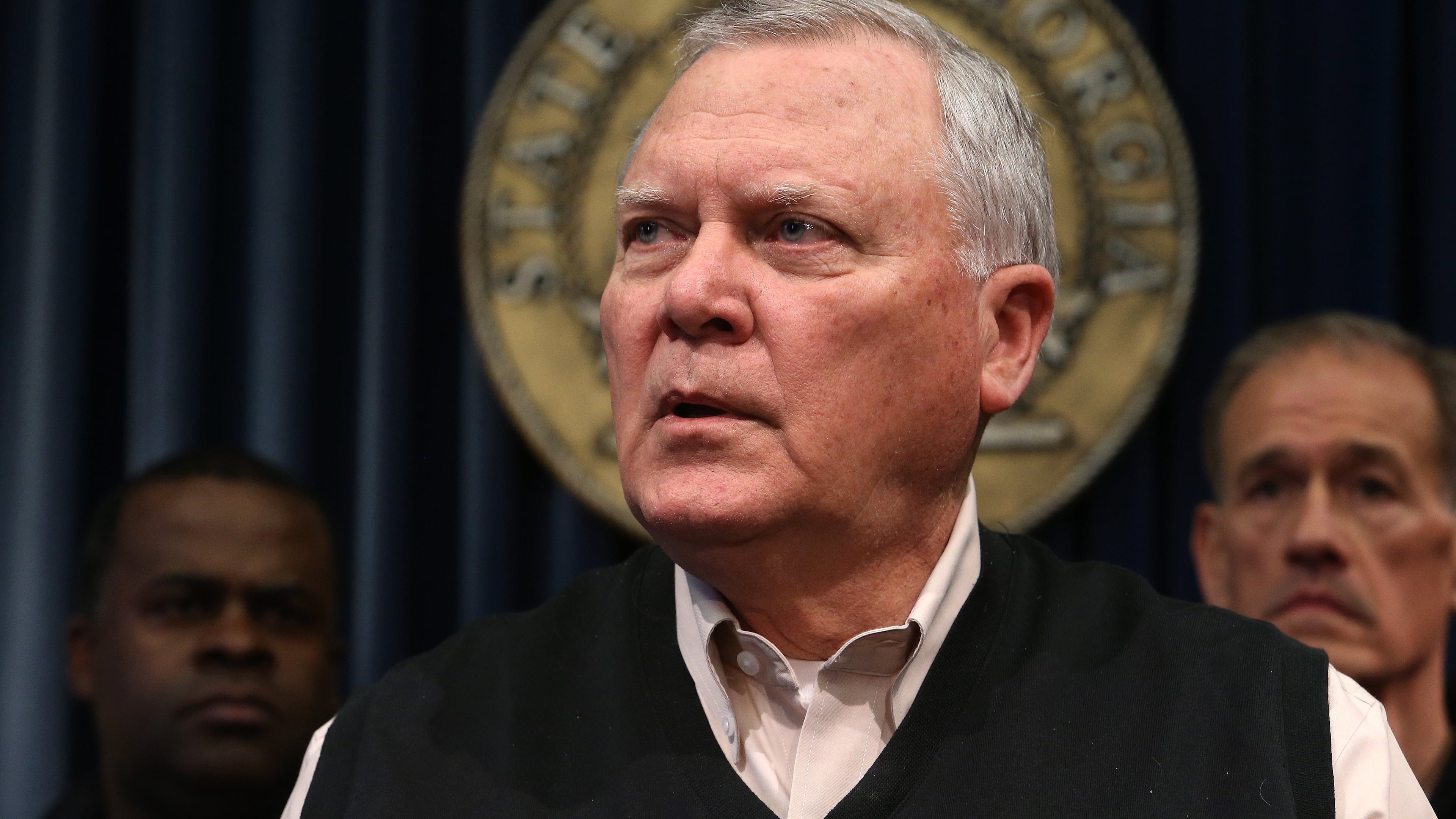 Georgia Gov. Nathan Deal responds to a question about the state's response to the snow storm during a press conference Wednesday, Jan. 29, 2014, in the Governor's office at the State Capitol.