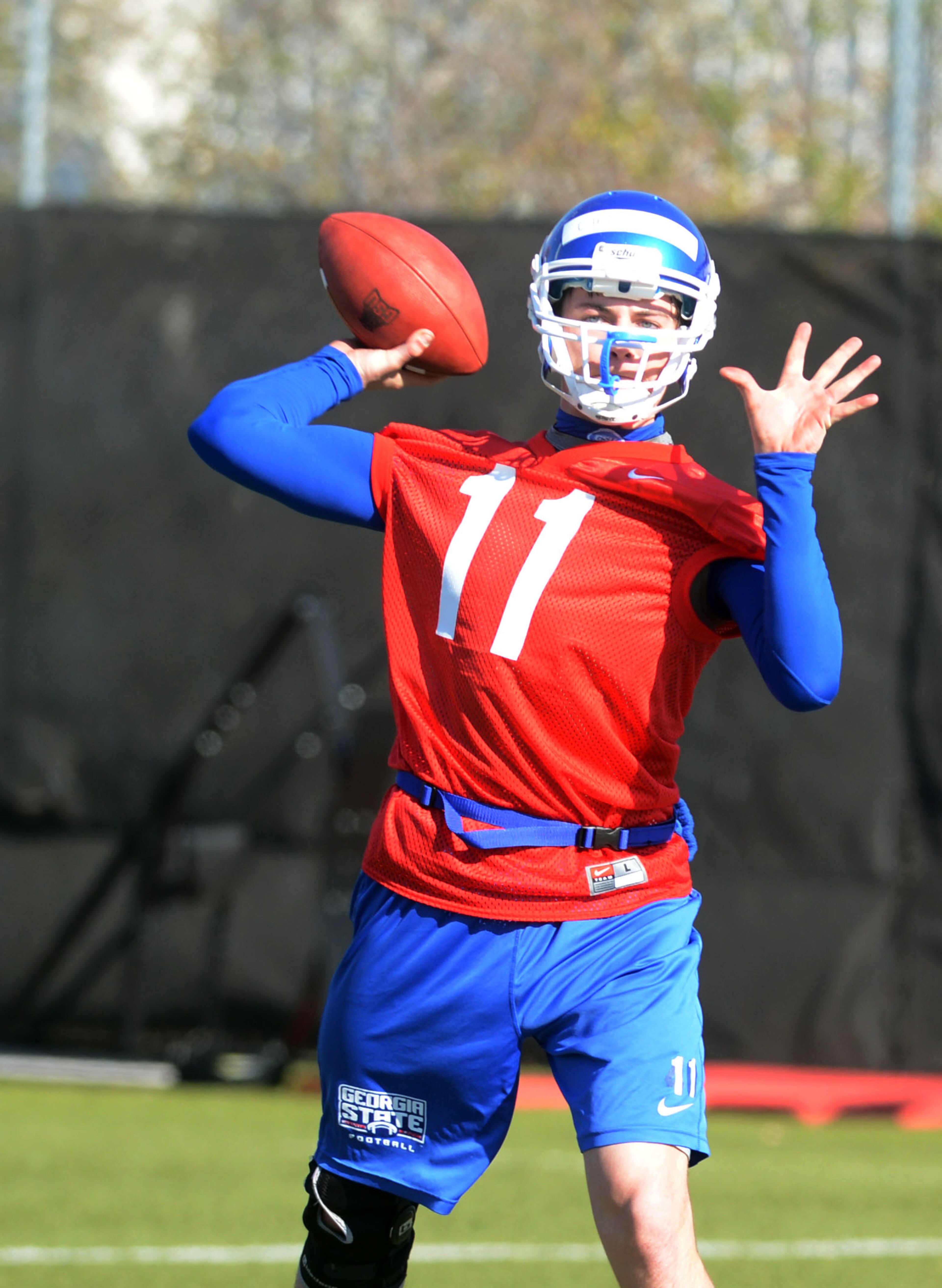 Junior college transfer Clay Chastain throws during Weds practice. Georgia State opened its first spring practice under new head coach Trent Miles at the GSU Practice Complex in downtown Atlanta Wednesday, March 27, 2013.