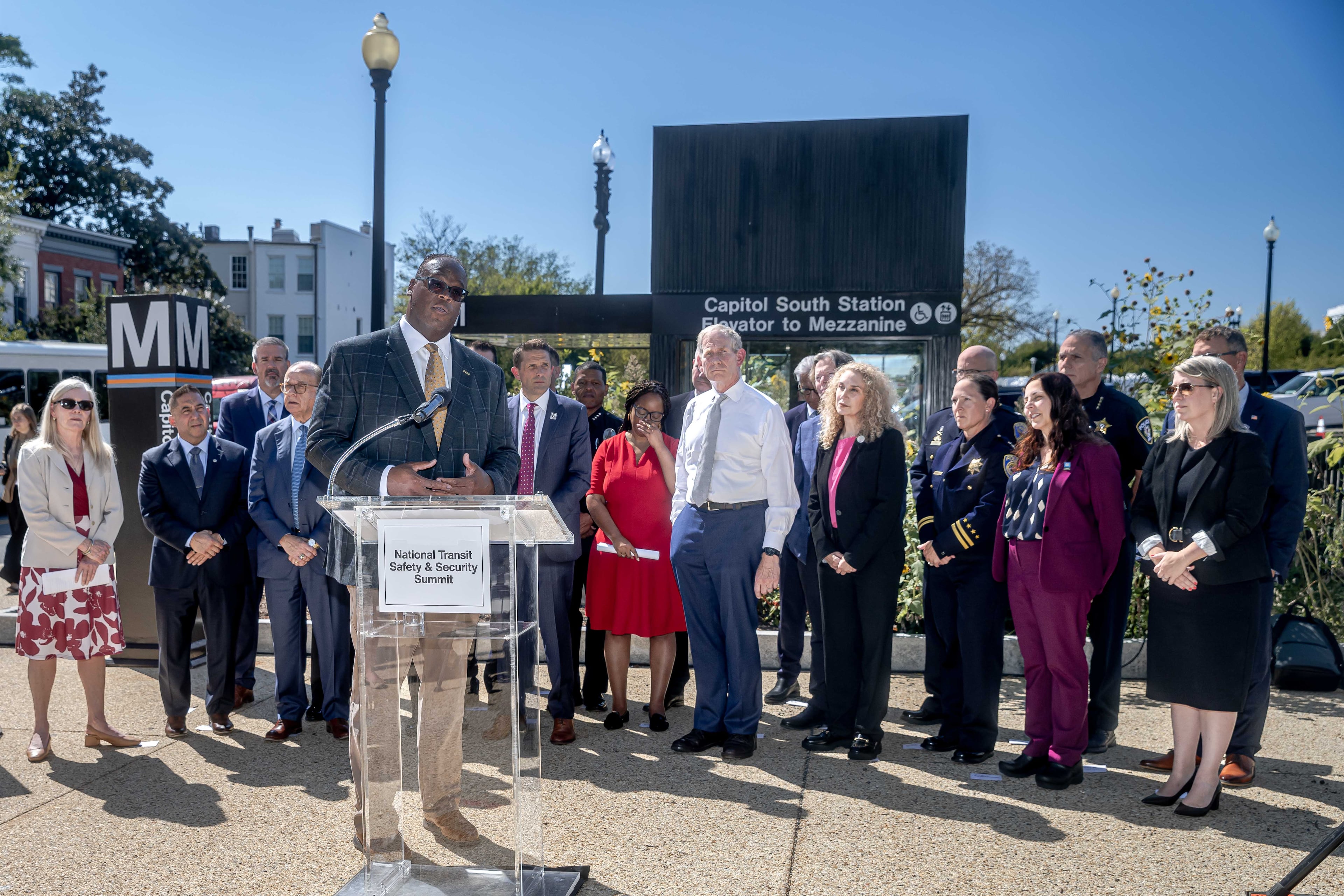 MARTA CEO Jonathan Hunt, flanked by leaders of the nation's other large transit agencies, speaks at a press conference on Tuesday, Sept. 15, 2026, in Washington as part of the National Transit Safety & Security Summit. (Courtesy of Washington Metropolitan Area Transit Authority/Jonathan Corbett)